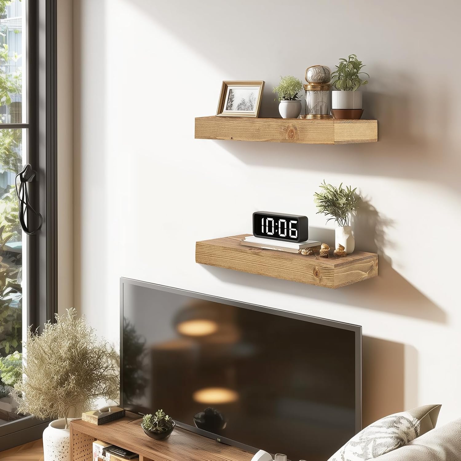17x6.8x2 inch rustic floating shelves for wall set of 2 - oak solid wood wall mounted shelves with invisible bracket, compact design for farmhouse living room bedroom kitchen decor oak 17x6.8x2