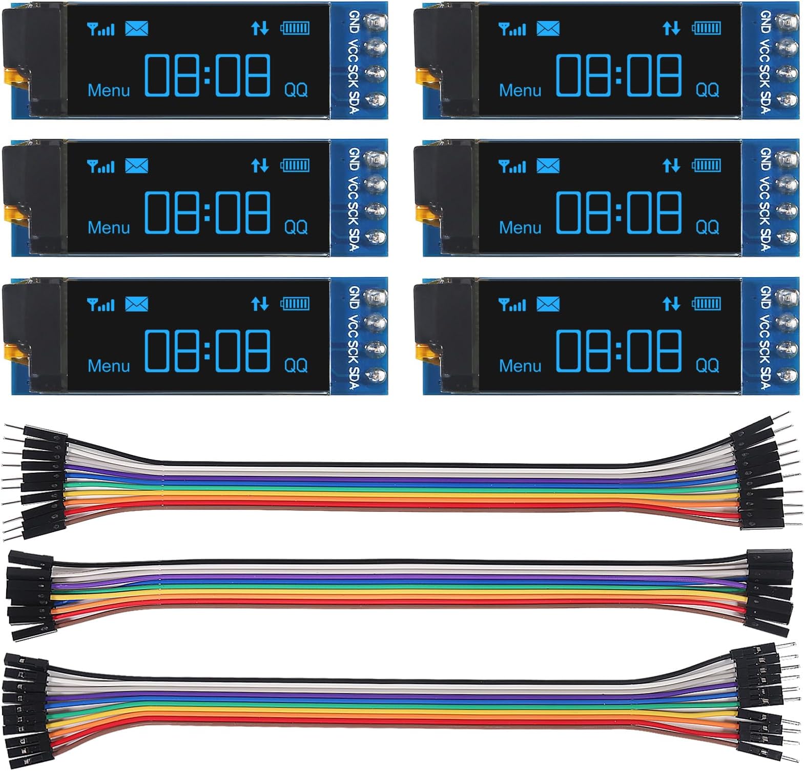 - 6pcs 0.91 inch OLED IIC I2C Display Module SSD1306 128x32 LCD Screen Driver with 30pin Dupont Cables for Arduino Projects(Blue Screen/Pin Pre-soldered)