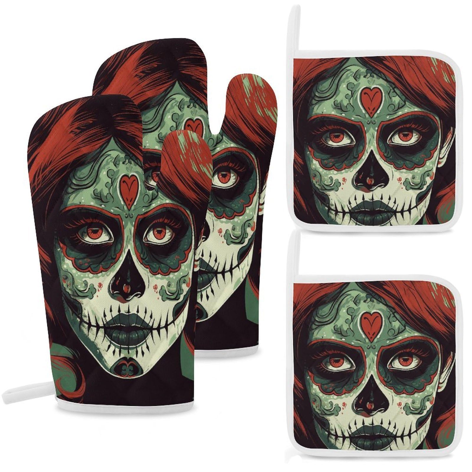 Gants de four tête de mort maniques cuisine anti-chaleur lot de 4 tapis chauds pâtisserie