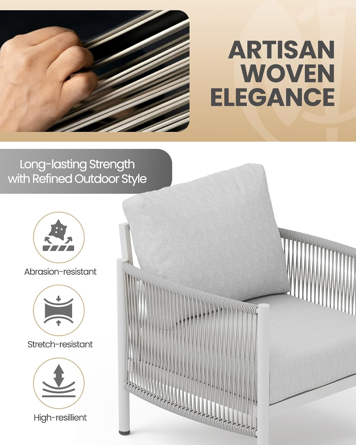 Aluminum Patio Furniture Set, 4 Seats Modern Outdoor Sectional Furniture with PE Rope & Dual-Layer Coffee Table, Luxury Patio Conversation Sets with 6" Cushions for Backyard/Garden, White