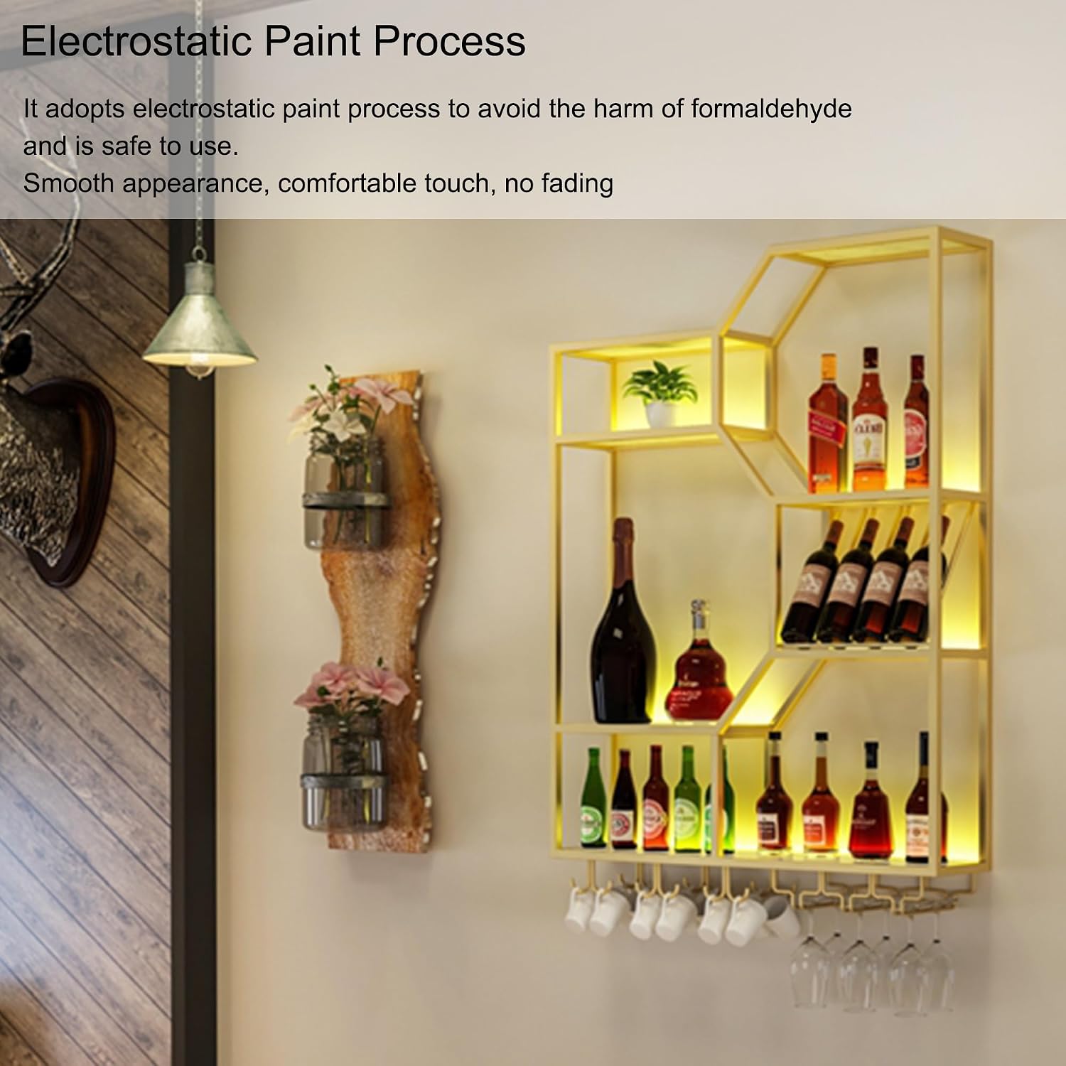 Wine Rack Wall Mounted with LED Light Floating Bar Shelves Liquor Shelf Wall Mounted Racks for Wine Bottles with Hanging Wine Glass Holder Rack Liquor Bottle Display Shelf for Home Bar Dining Room(Bla