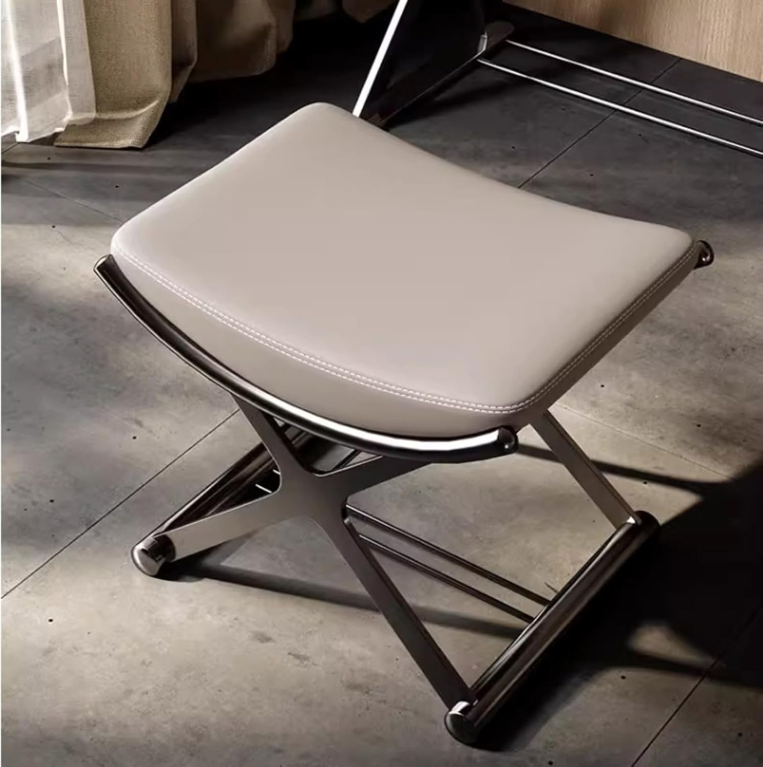 ACICS Leather Ottoman Vanity Stool with Metal X Legs, Multifunctional Padded Seat for Makeup, Living Room, Bathroom