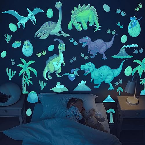 Calcomanías de pared de dinosaurios que brillan en la oscuridad, calcomanías de pared de dinosaurios brillantes, grandes autoadhesivas y removibles,