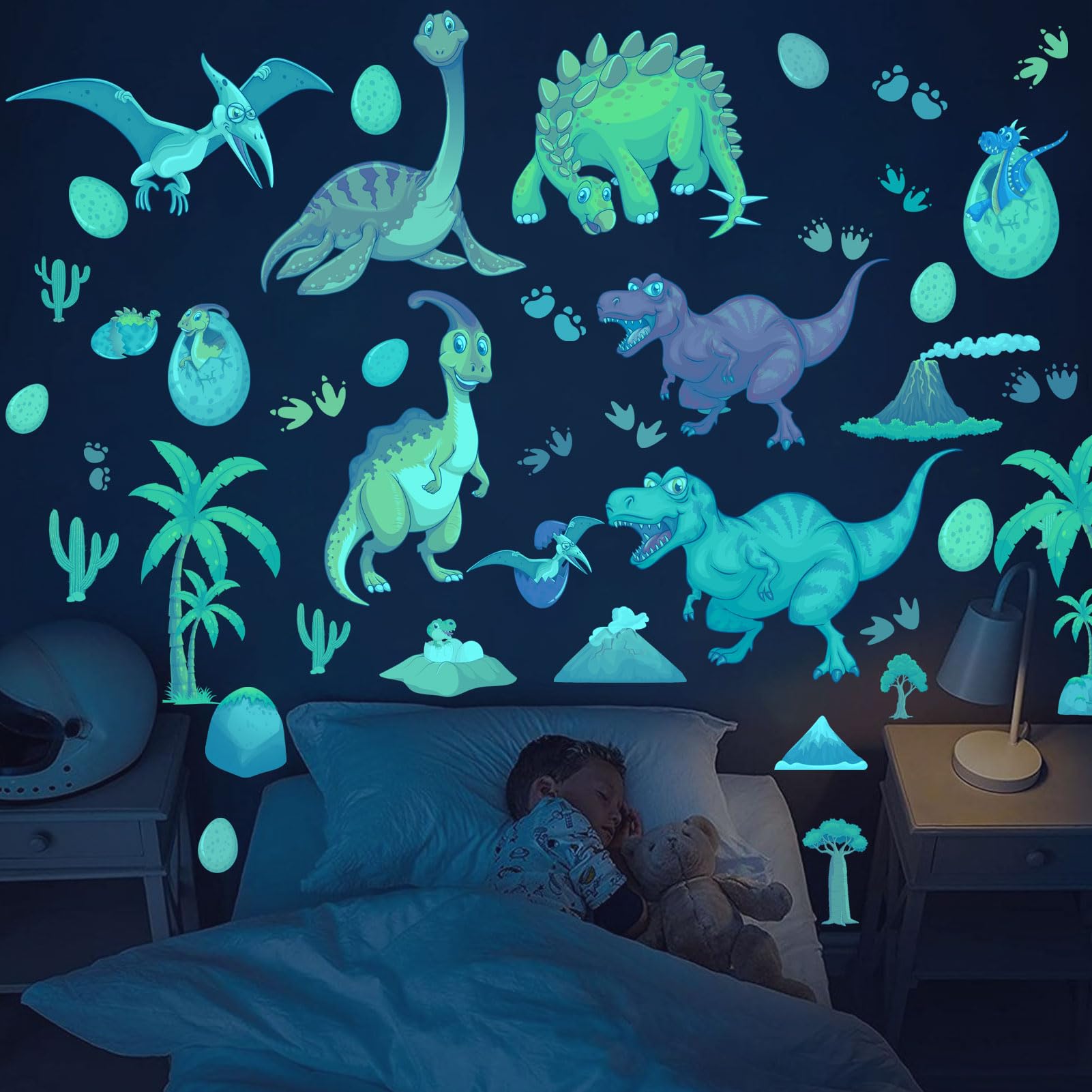Glow in The Dark Dinosaur Wall Decals, Glowing Dinosaur Wall Stickers Colorful Large Removable self-Adhesive Decal for Ceiling Boys Bedroom Kids Baby