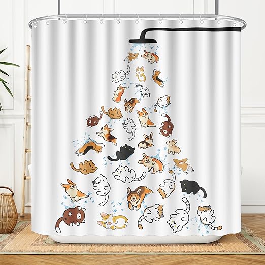 Raining Cats and Dogs Shower Curtain for Kids Cartoon Corgi Animal Shower Curtains for Bathroom Accessories 3D Printing Hilarious Pets Playing Water Design Bath Decor 72x72 with 12 Hooks