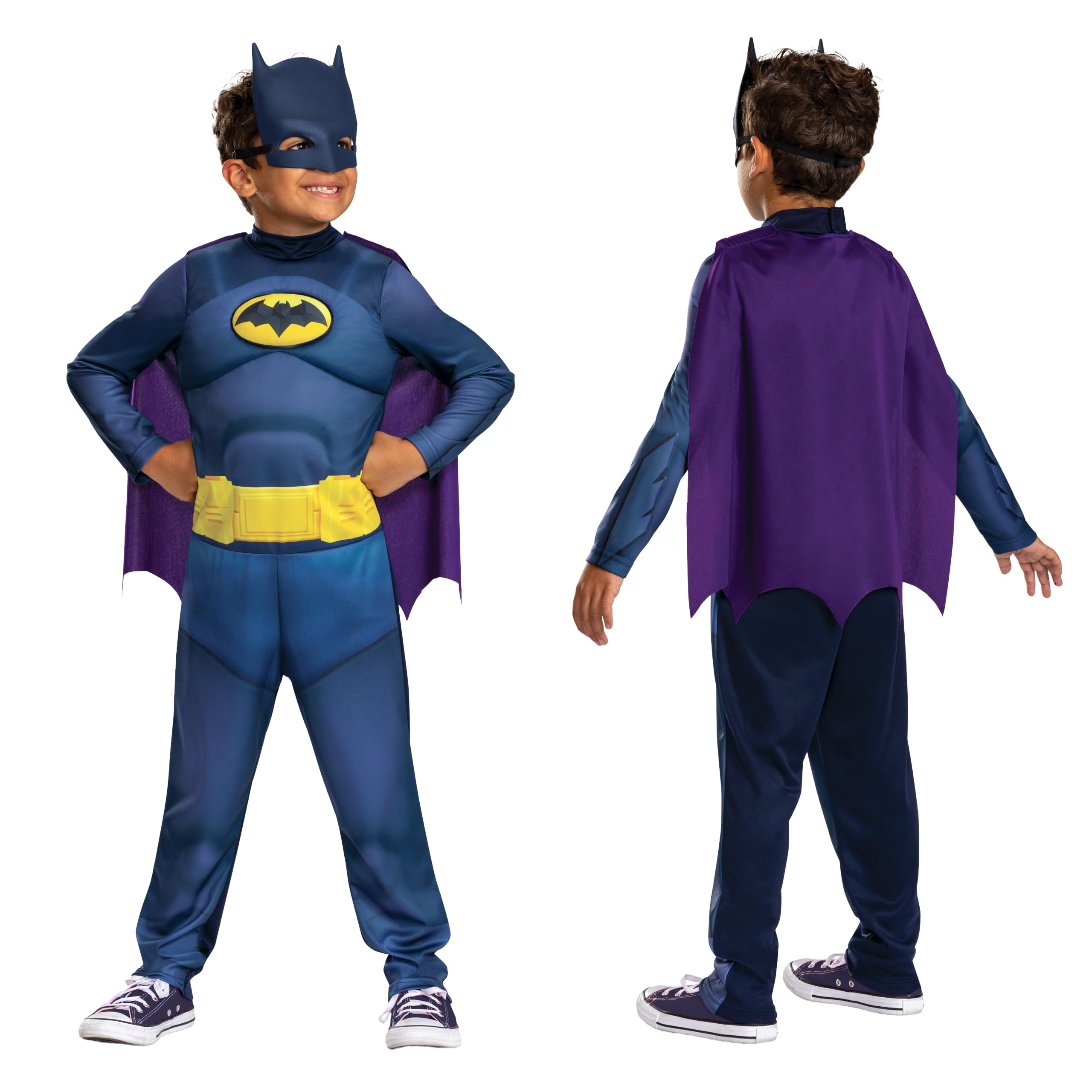 Batwheels Costume da Batman per bambini, ufficiale Batman di Disguise, con petto imbottito blu scuro con emblema pipistrello, include mantello viola e mezza maschera, per età 3-4 e 4-6 anni