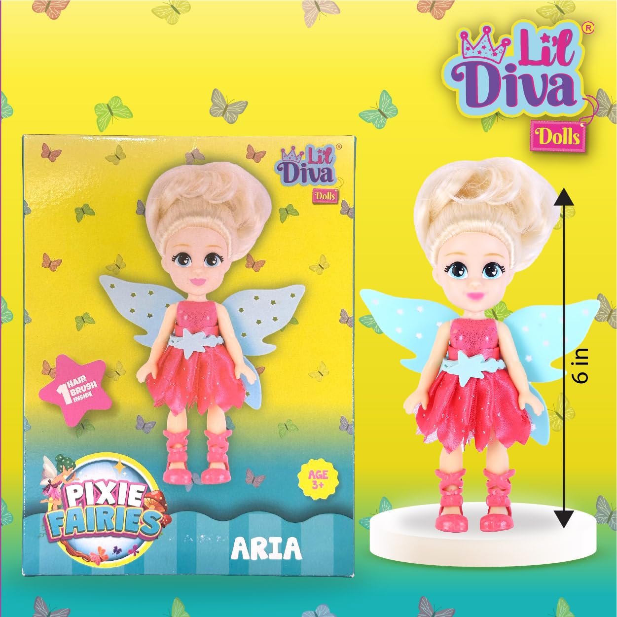 Lil Diva Dolls 6" Pixie Aria Doll for Girls|Soft Movable Body with Realistic Features|Birthday Gift for Kids 3+ Years|Early Learning Toy for Girls|Ideal Gift for Birthdays & Special Occasions 1