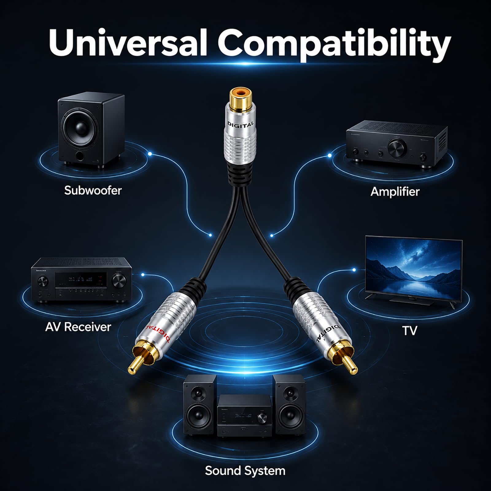 Cinch Y Splitter Kabel, 1 Buchse auf 2 Stecker, Cinch Y Adapter, Stereo Audio Adapter für Subwoofer, Verstärker, Subwoofer, Phono, Heimkino, Auto, HiFi, Vergoldeter Stecker, 25 cm