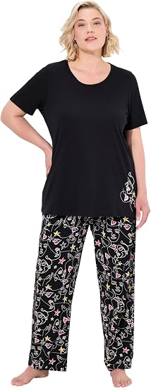 Damen-Pyjama Von Ulla Popken – Zweiteiler Mit Scribble-Herzen, Aus Baumwolle, Halbarm & Lange Hose