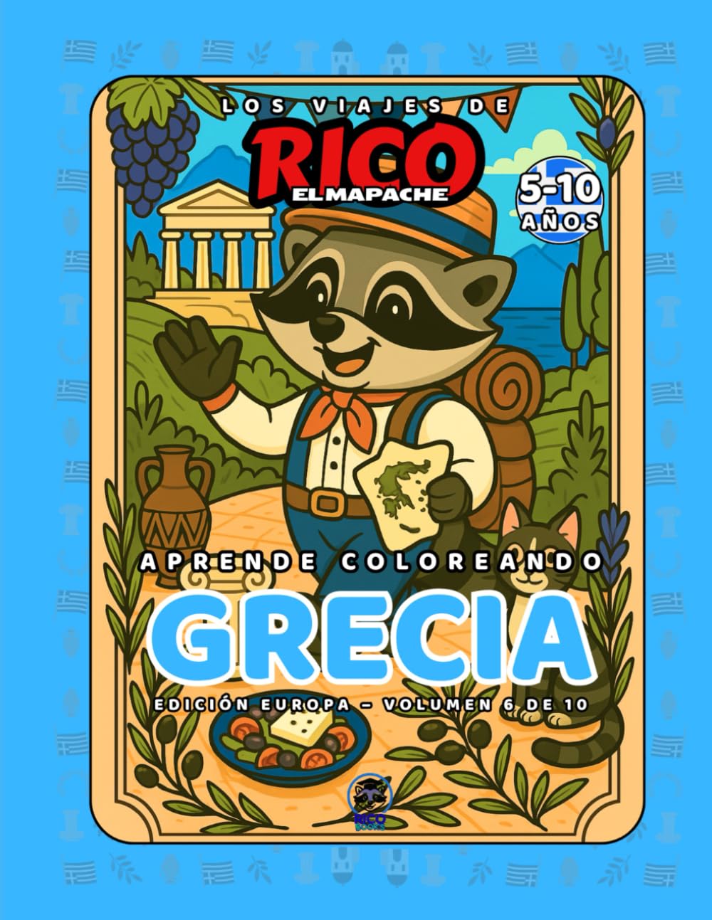 Grecia – Libro de colorear educativo para niños (5–10 años) | Los Viajes de Rico el Mapache – Volumen 6