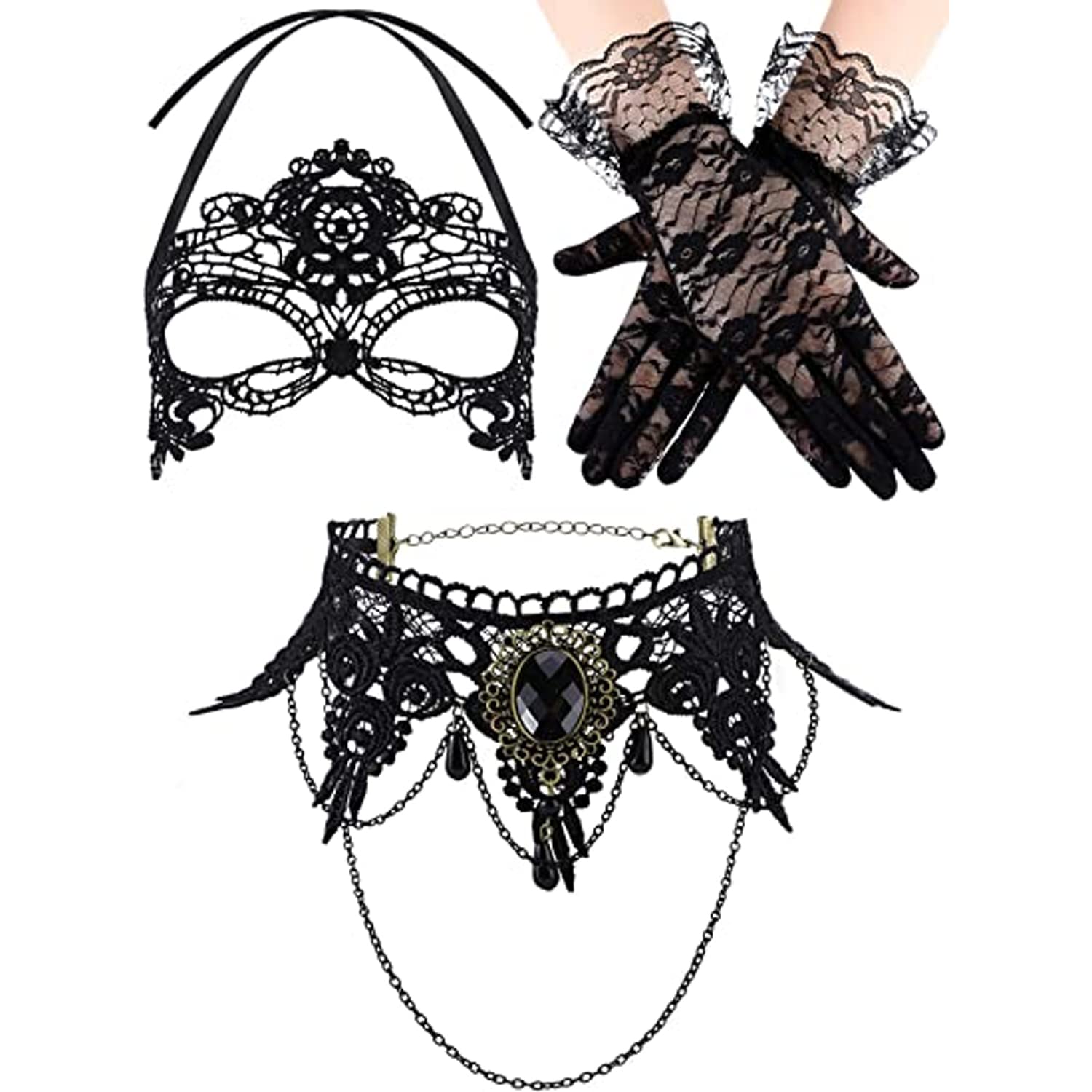 JZS Masquerade Party Sets: Lace Necklace, Mask, and Gloves Set - Black Choker for Women's Fancy Dress, Christmas, Halloween Costume Party Girls Set