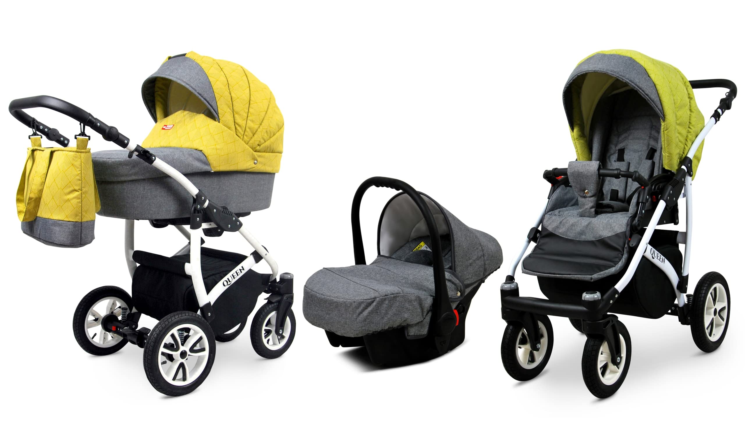 BabyLux Passeggino 3 in 1 Queen - Set Completo con Navicella, Seggiolino Auto, Borsa e Copertura Antipioggia