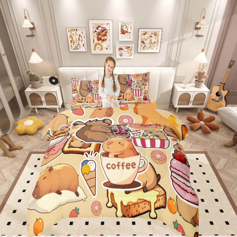 Loussiesd Coffee Popcorn Double Duvet Cover Capybara Doughnut Bedding Set for Kids Queen Crown Duvet Cover Decor Kawaii Brown Animal Quilt Cover 3Pcs Room Decor