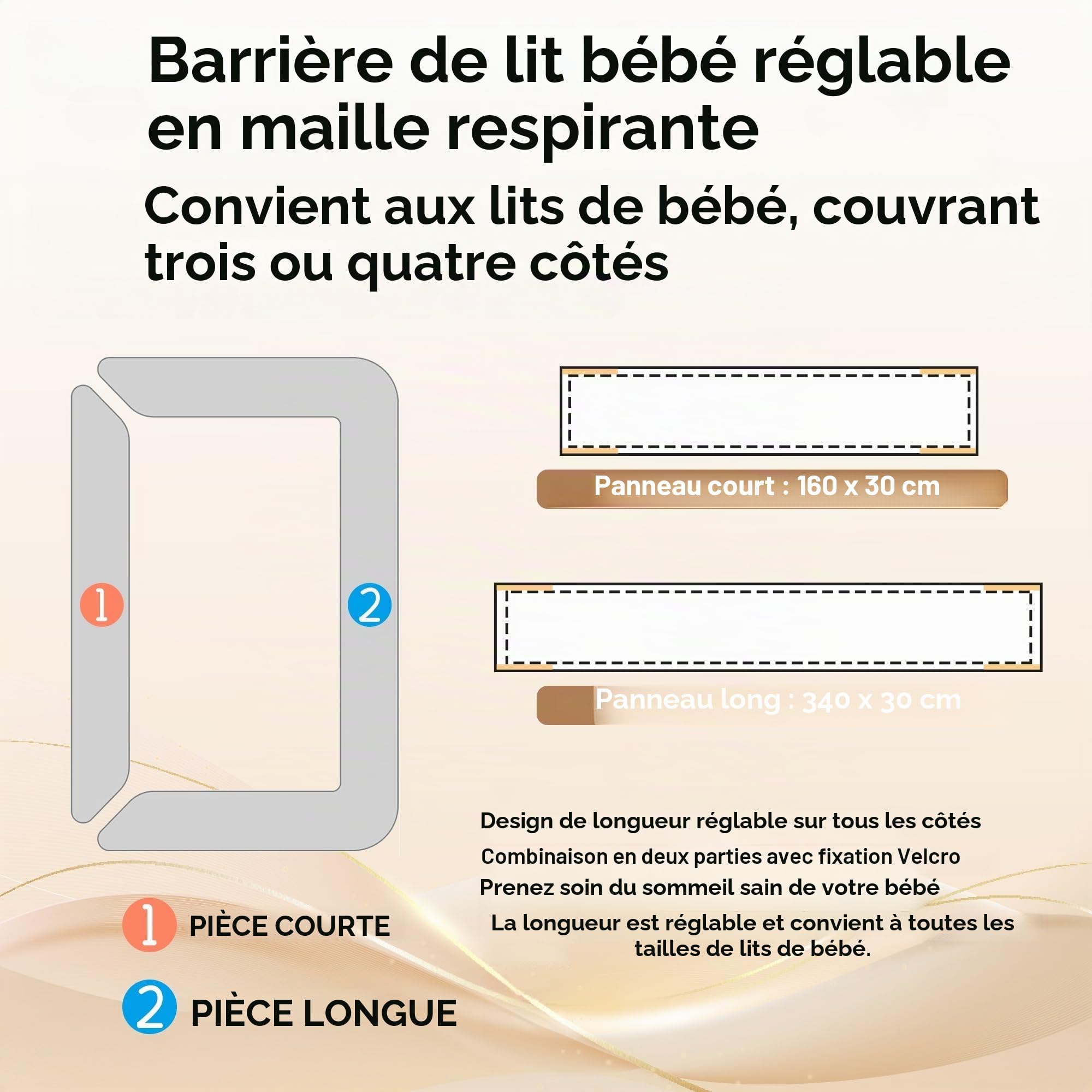 Barrière de lit réglable pour bébé – Amovible, Lavable, Portable Barrière de Protection 3D Respirante et résistante aux Chocs pour Nouveau-nés, pour Toutes Les Saisons (Blanc)