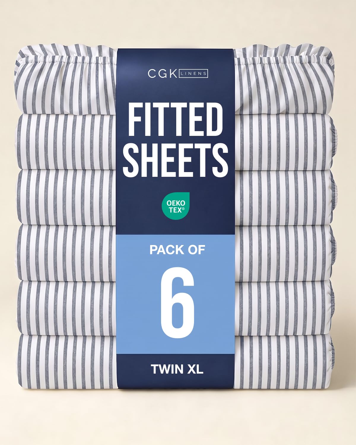 Twin XL Fitted Sheet - Pack of 6 College Dorm Essentials - Grey Stripes