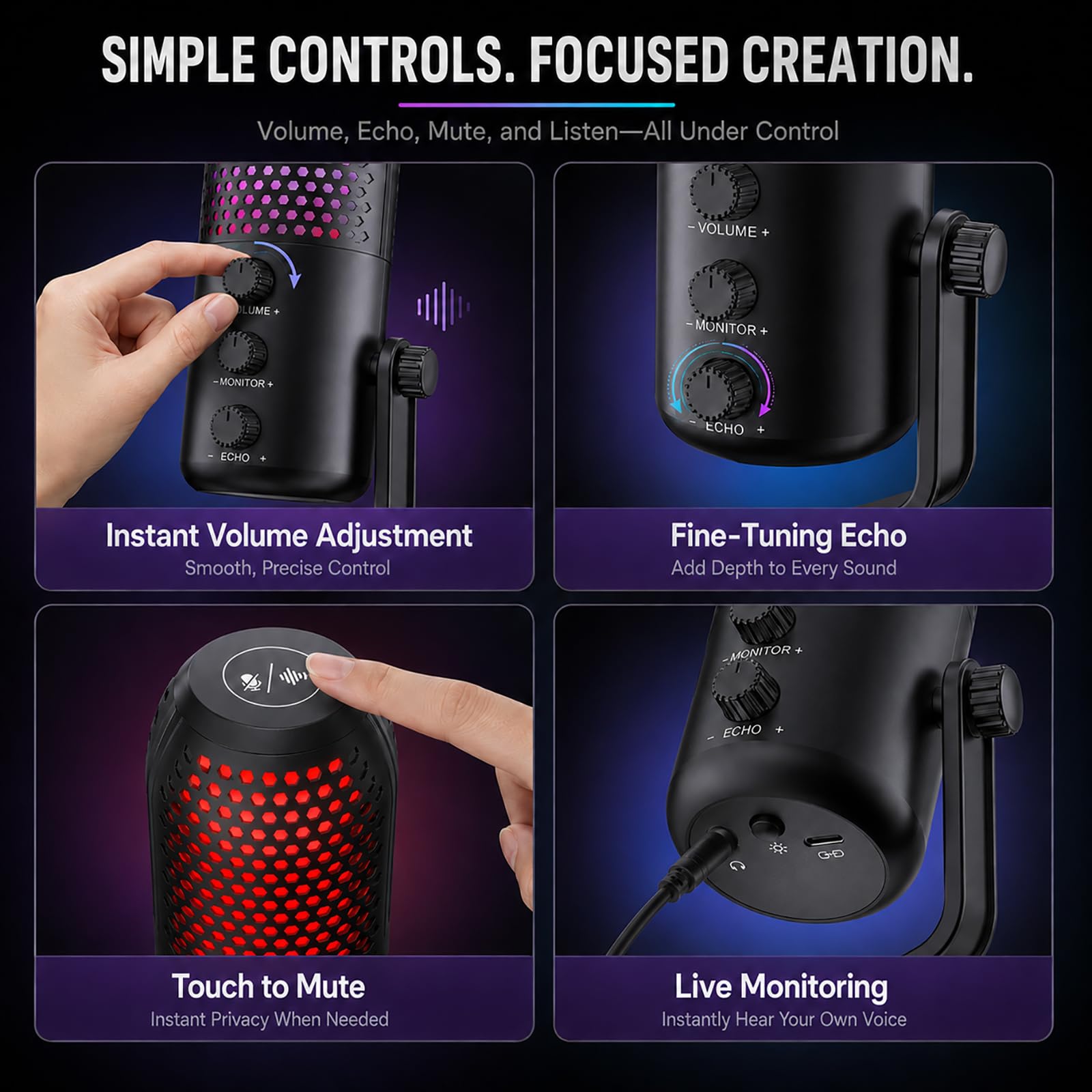 SINWE Micrófono para juegos con cancelación de ruido y control de ganancia, micrófono USB para PC, para streaming, juegos, podcasts, PC, PS4, incluye silencio rápido e iluminación RGB