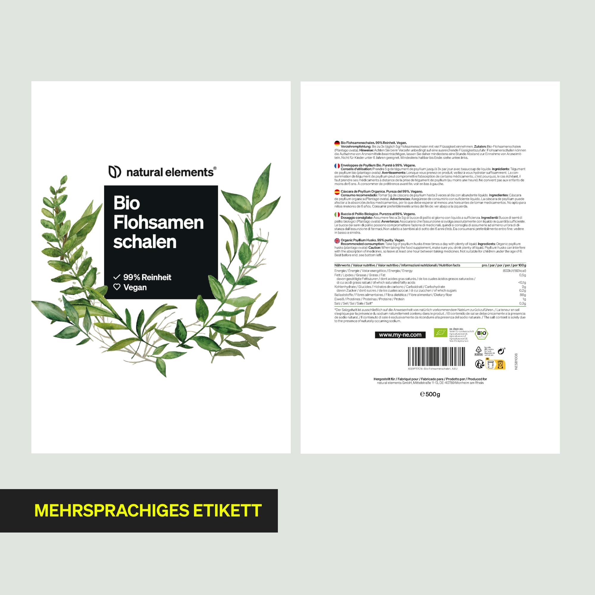 natural elements Bio Flohsamenschalen – 500g Beutel – 99+% Reinheit, biozertifiziert, vegan – Low-Carb, ballaststoffreich, glutenfrei – ohne unnötige Zusätze, laborgeprüfte Qualität