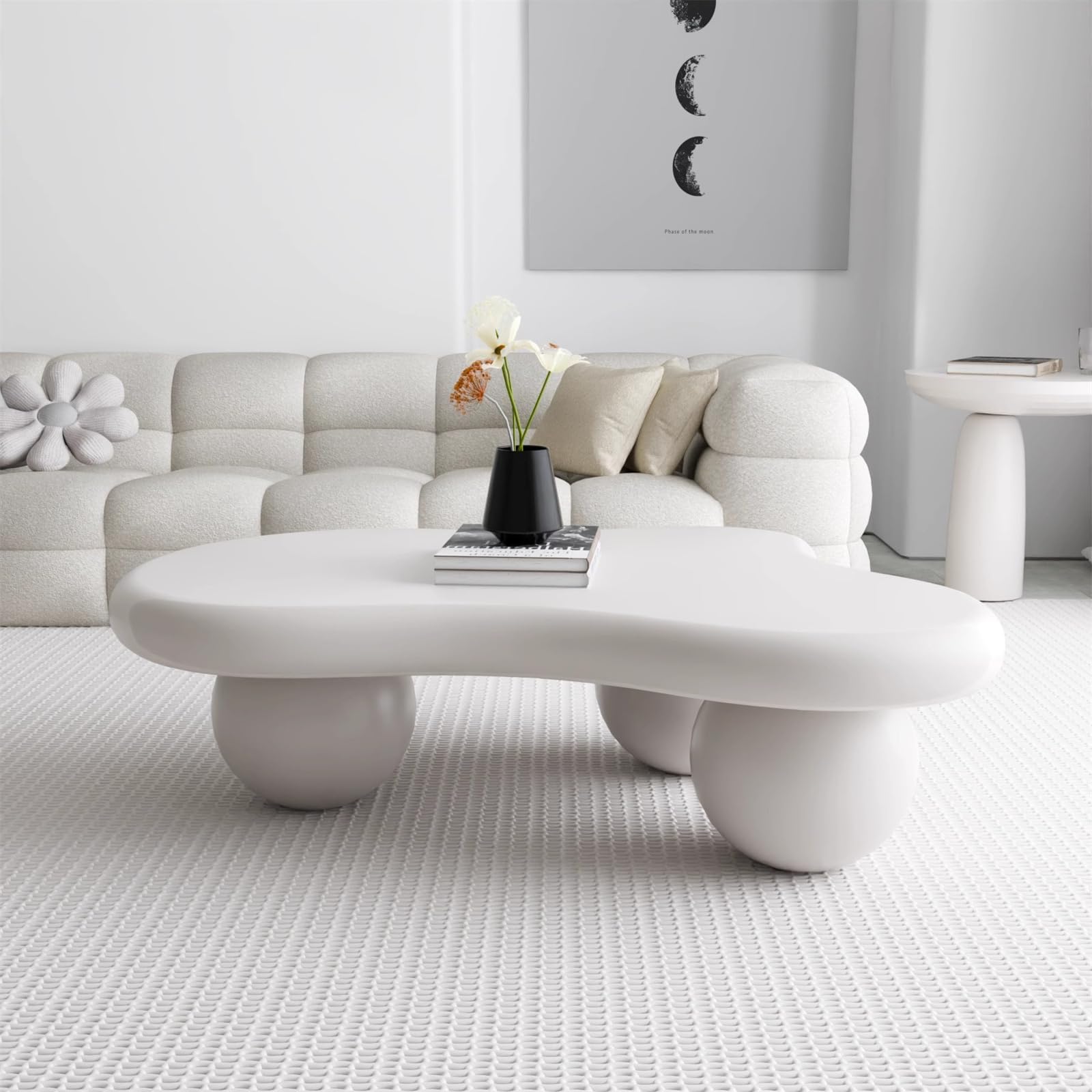 Cream White Cloud Coffee Table - 47.2 Inch Modern and Cute Irregular End Table with 3 Legs for Living Room, Bedroom, Apartment Or Studio - Easy to Assemble