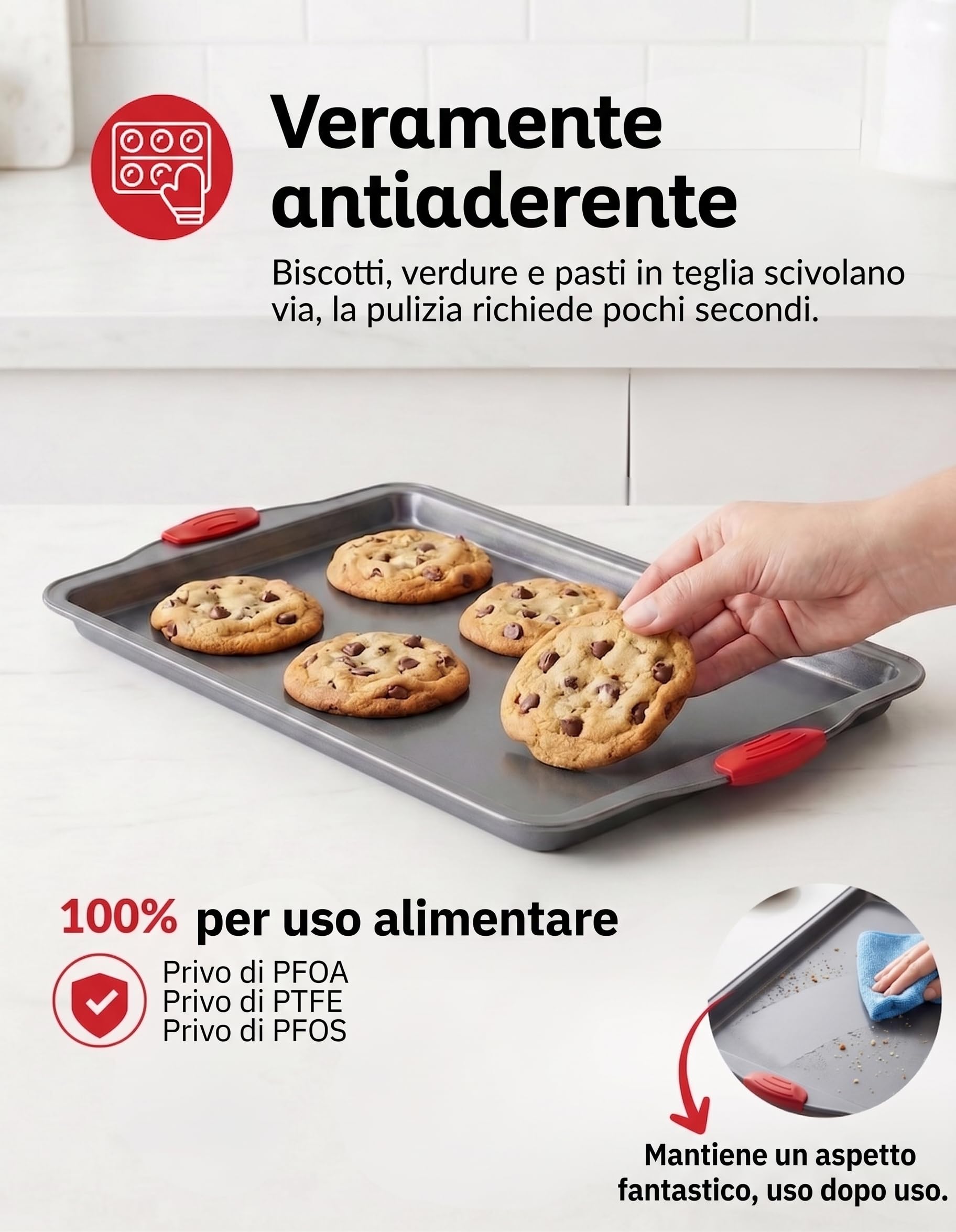 Set 3 Teglie da Forno Antiaderenti in Acciaio al Carbonio - Vassoio per Biscotti con Manici in Silicone, Placca da Forno Resistente a Deformazioni e Ruggine, Senza PFOA per Cottura Uniforme