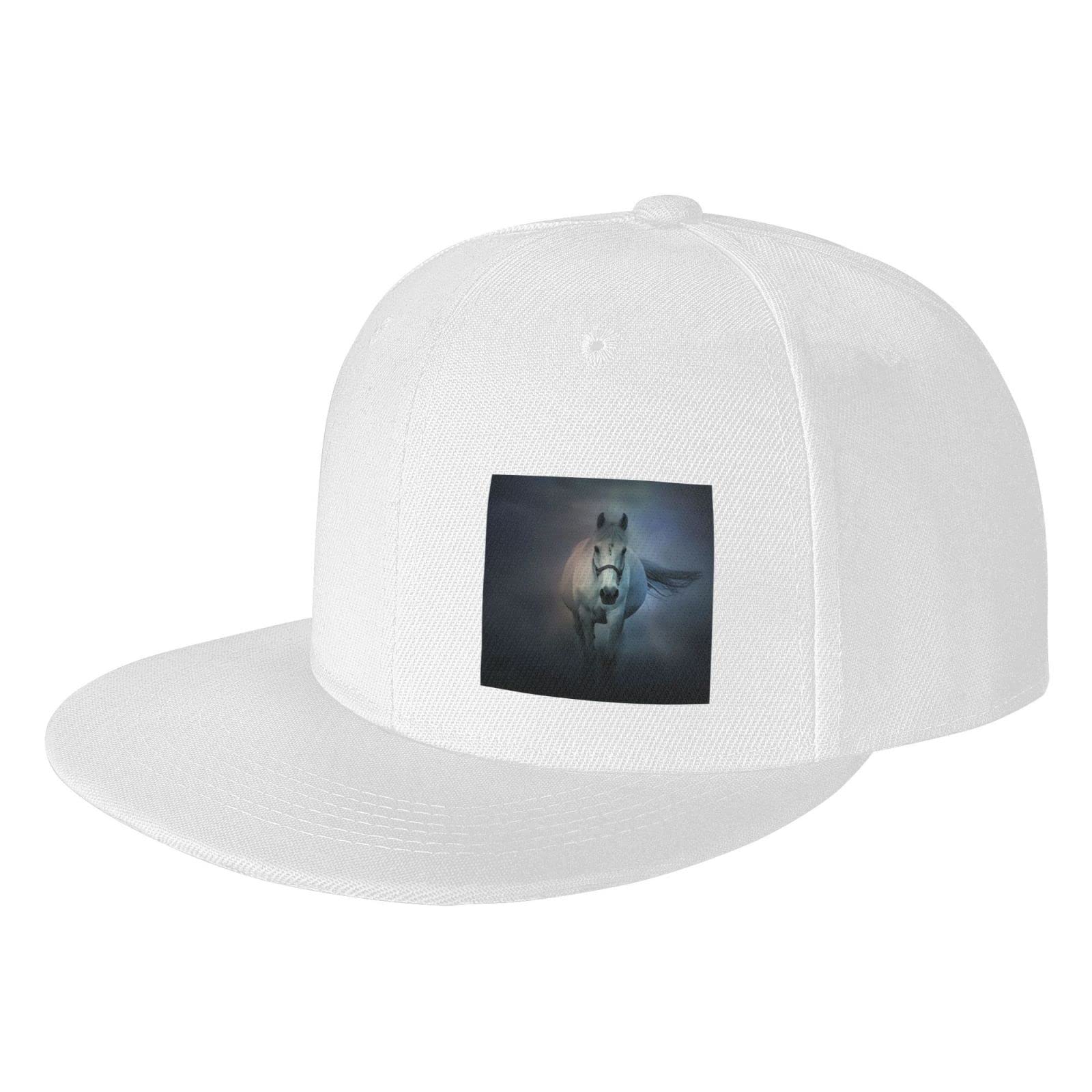 lYonge White Horse Flat Brim Baseball Cap Unisex Hip Hop Dancing Adjustable Snapback Hat