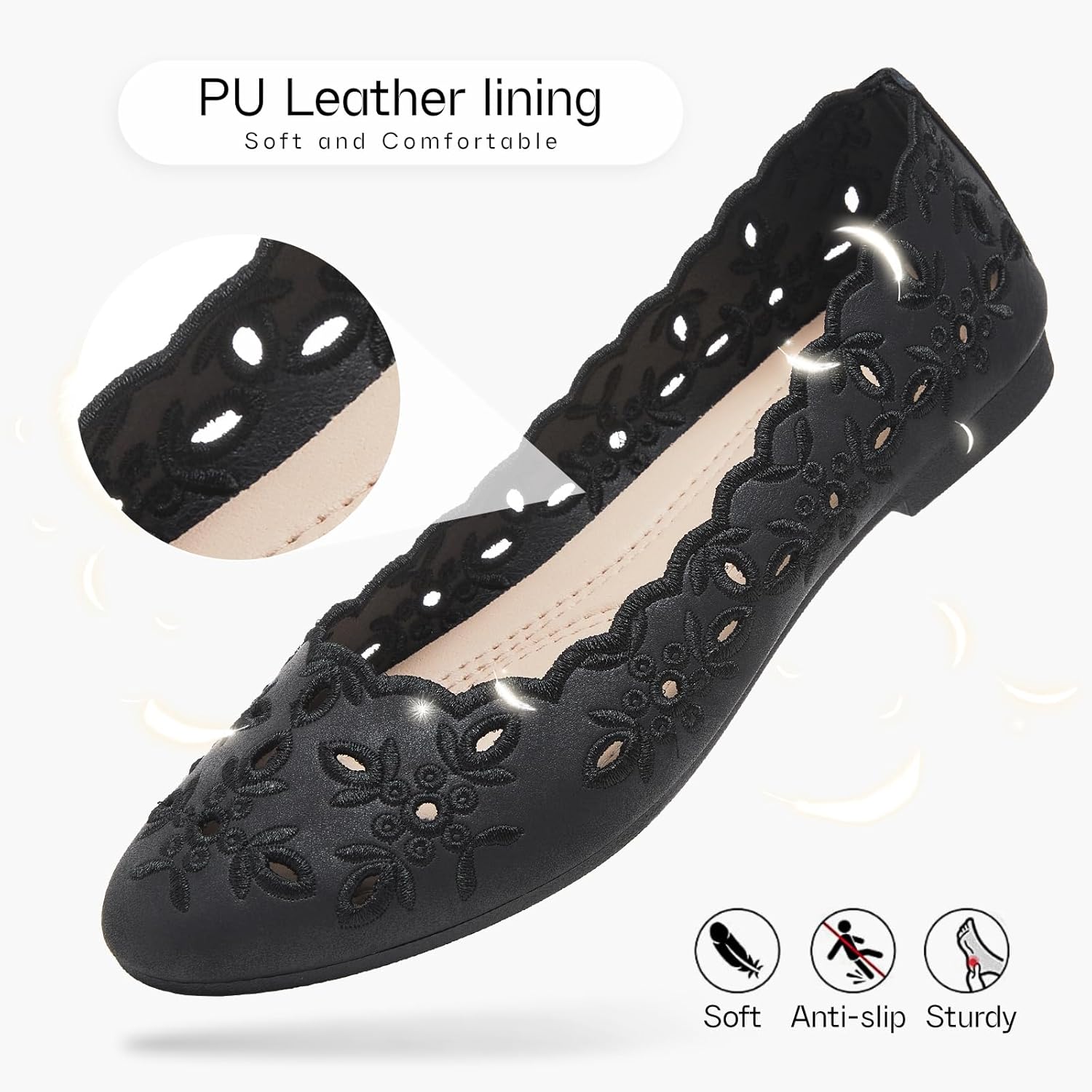 Shupua Women's Comfortable Dress Shoes Ballet Flats Slip On Shoes Black Flats Round Toe PU Leather Flats Summer with Floral Eyelets - Image 6