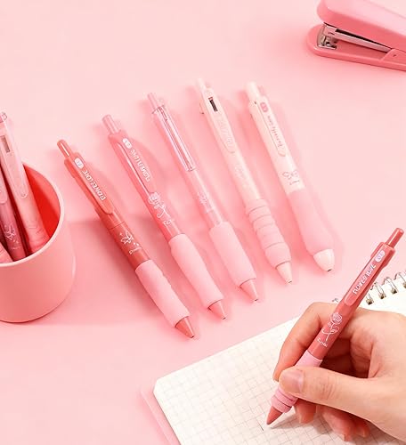 Miniatura 4 de 5 bolígrafos retráctiles rosados, bonitos bolígrafos estéticos de gel, tinta de agarre suave, con punta fina lisa de 0.020 in, suministros escolares