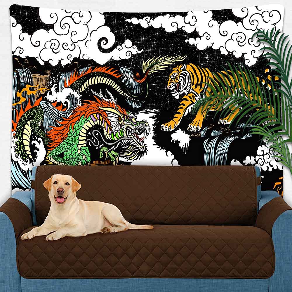 Tapisserie Murale Japonaise Dragon Tigre 203x152cm - Flanelle, Impression HD, Déco Salon Chambre - 4