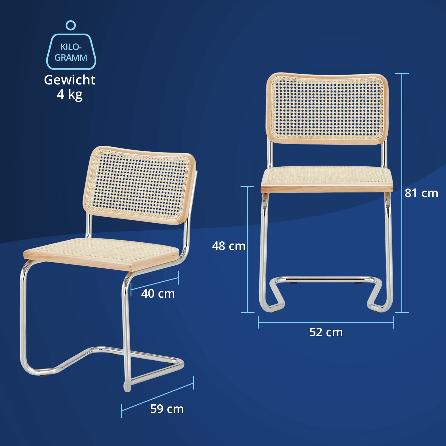 KHG 4er-Set Schwingstuhl Freischwinger Chrom Made in Italy, für Esszimmer | Rückenlehne und Sitzfläche aus Massivholz Buche und Rattan, Esszimmerstuhl, Küchenstuhl Designstuhl mit Wiener Geflecht
