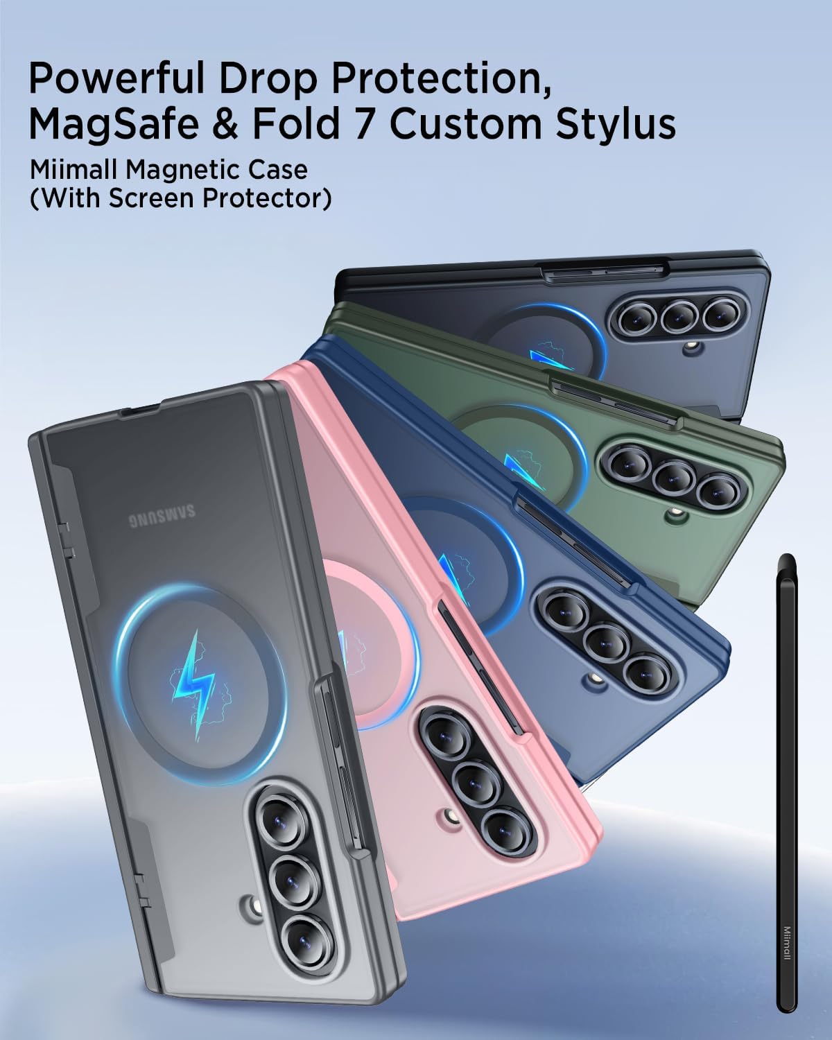 Miimall for Samsung Galaxy Z Fold 7 Case with S Pen & Pen Holder, Built-in Screen Protector & Hinge Protection, [Compatible with Magsafe] Shockproof Z Fold 7 Case Matte Clear, Black