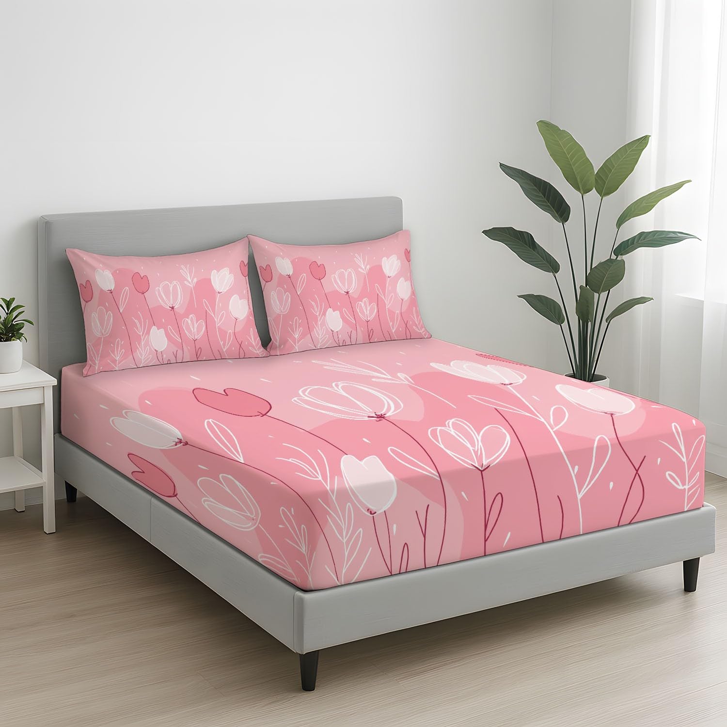 Rosa Sabanas 105 x 190 x 30 Cama 105 para Colchón de 30 cm de Altura Sabanas Ajustable Suave Transpirable Sabanas para Adultos y Ninos Minimalista Bonito Tulipanes Dibujado A Mano