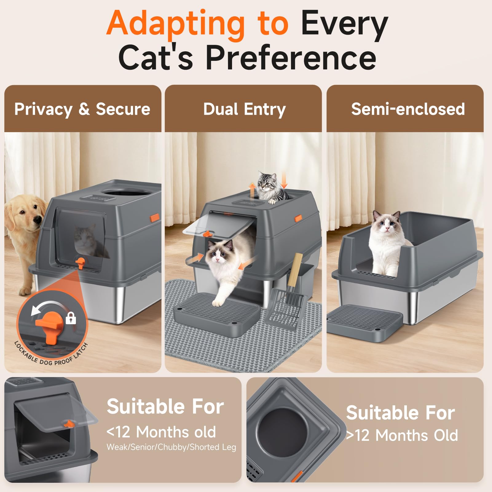 Tevila Extra Large Stainless Steel Litter Box with Lid, High Sided Enclosed Metal Cat Litter Pan, Dog Proof Front Entry Top Exit, Odor Control Easy Clean Leak Proof, Includes Mat, Scoop & Step, Grey - image 6