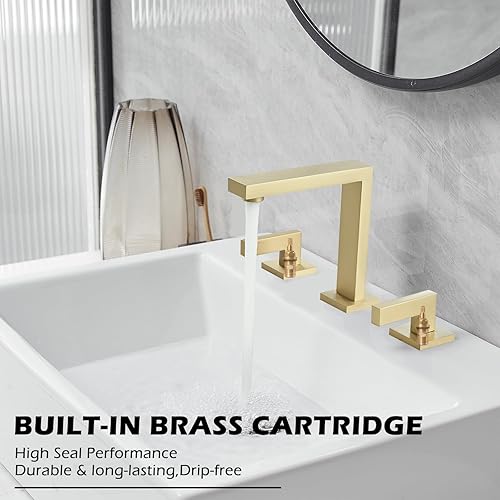 Miniatura 3 de BWE Grifo de lavabo de baño de 3 agujeros, de dos manijas, de 8 pulgadas, de oro cepillado, con drenaje desplegable y manguera de suministro, 3