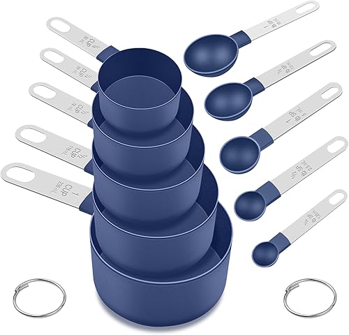 Miniatura 11 de Juego de tazas y cucharas medidoras, 10 piezas de herramientas de medición anidables, accesorios esenciales de cocina con mango de acero inoxidable