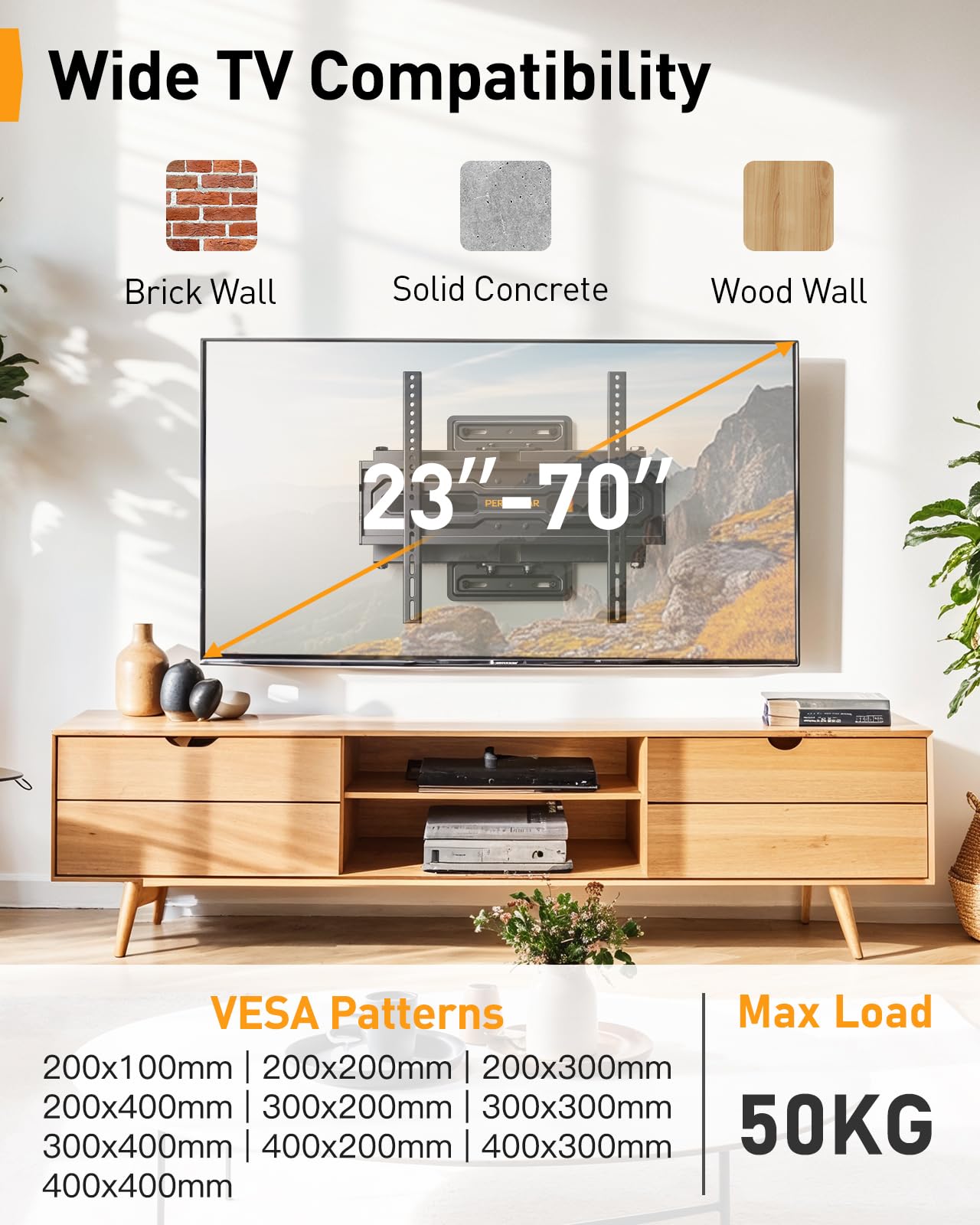 Perlegear TV Wandhalterung für 23-70 Zoll TVs bis 50 kg, Höhenverstellbare Wandhalterung Fernseher mit Schnelle Neigungsverstellung, Fernseher Halterung 55 Zoll Schwenkbar, Max VESA 400x400 mm