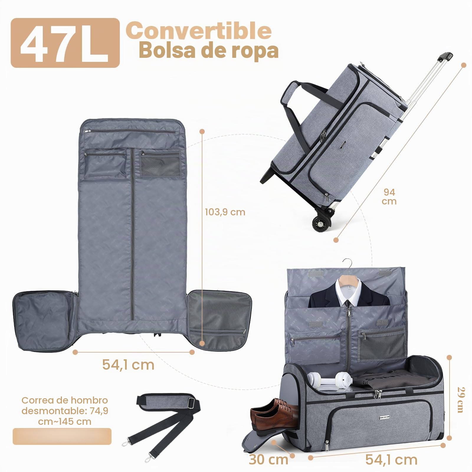 Bolsa de Ropa con Ruedas, Bolsa de Viaje Gran para Equipaje, Bolsa de Ropa para Viaje 3 en 1 para Hombres y Mujeres, Garment Duffle Bag (47L, Gris)