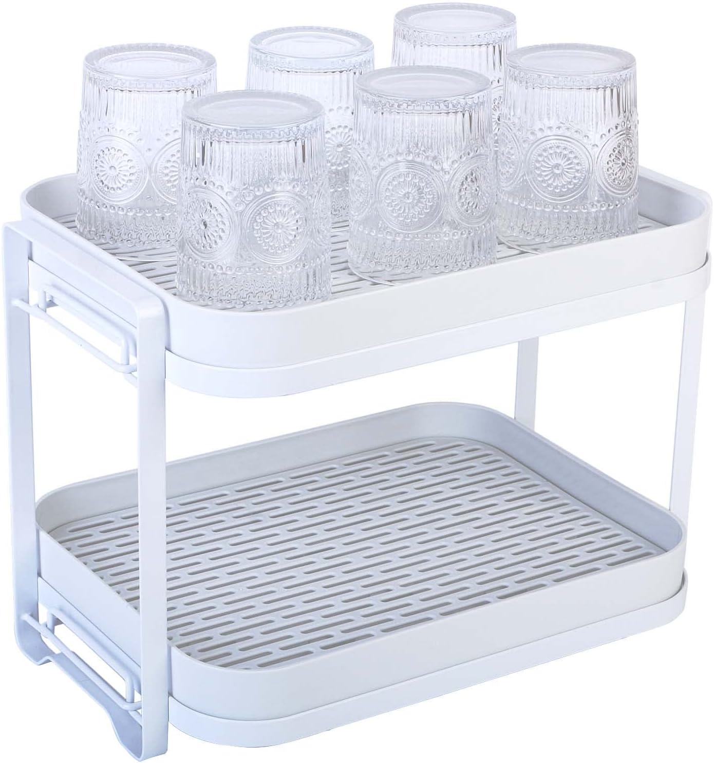 Simmer Stone 2-Tier Cups Mugs Drying Rack with Drain Tray, Kitchen Storage Organizer Shelf for Drinking Glass Bottle Bowls (Flat white)