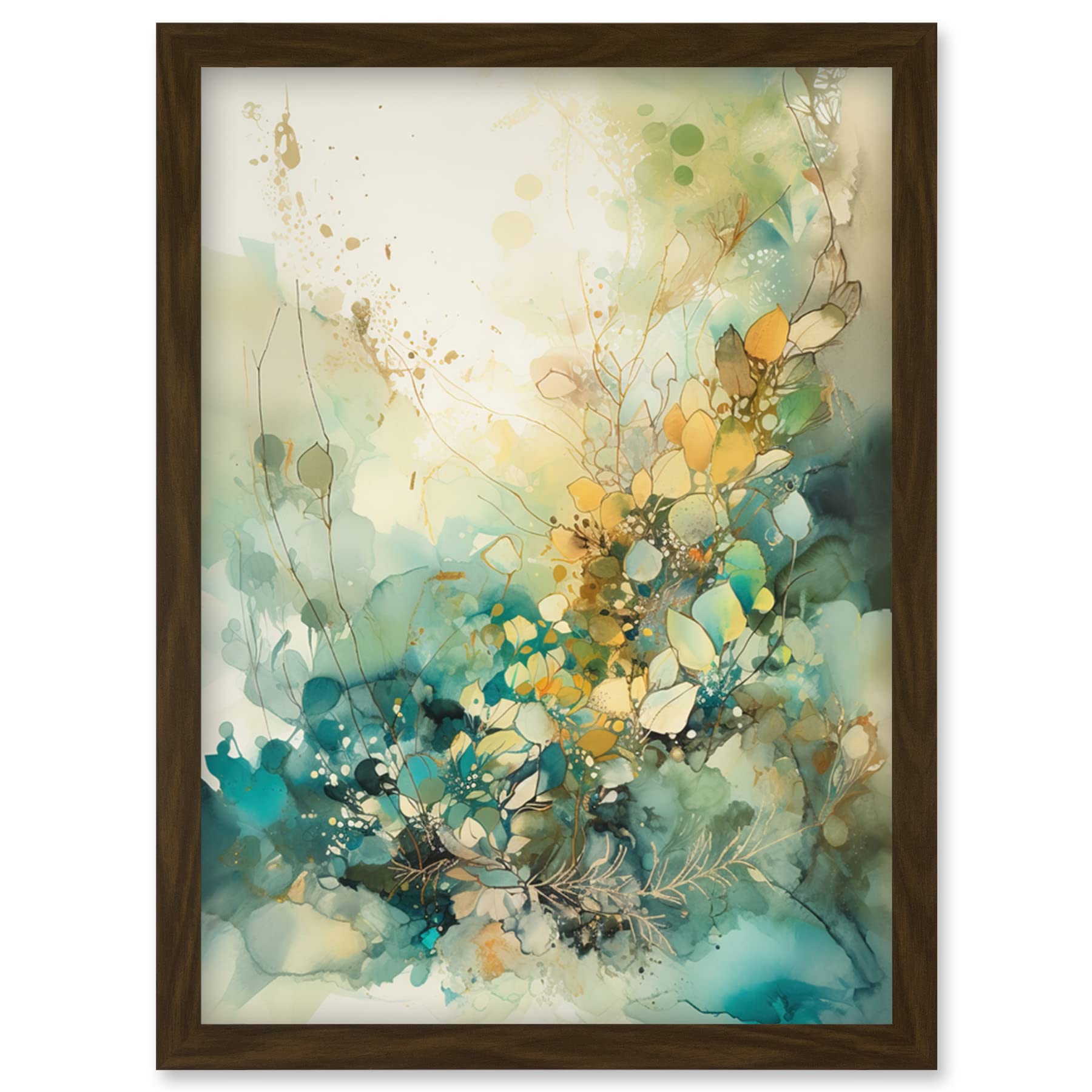 Watercolour Painting Artwork Print - Wild Plant Flora - Teal Blue & Orange - Framed Wall Art A4