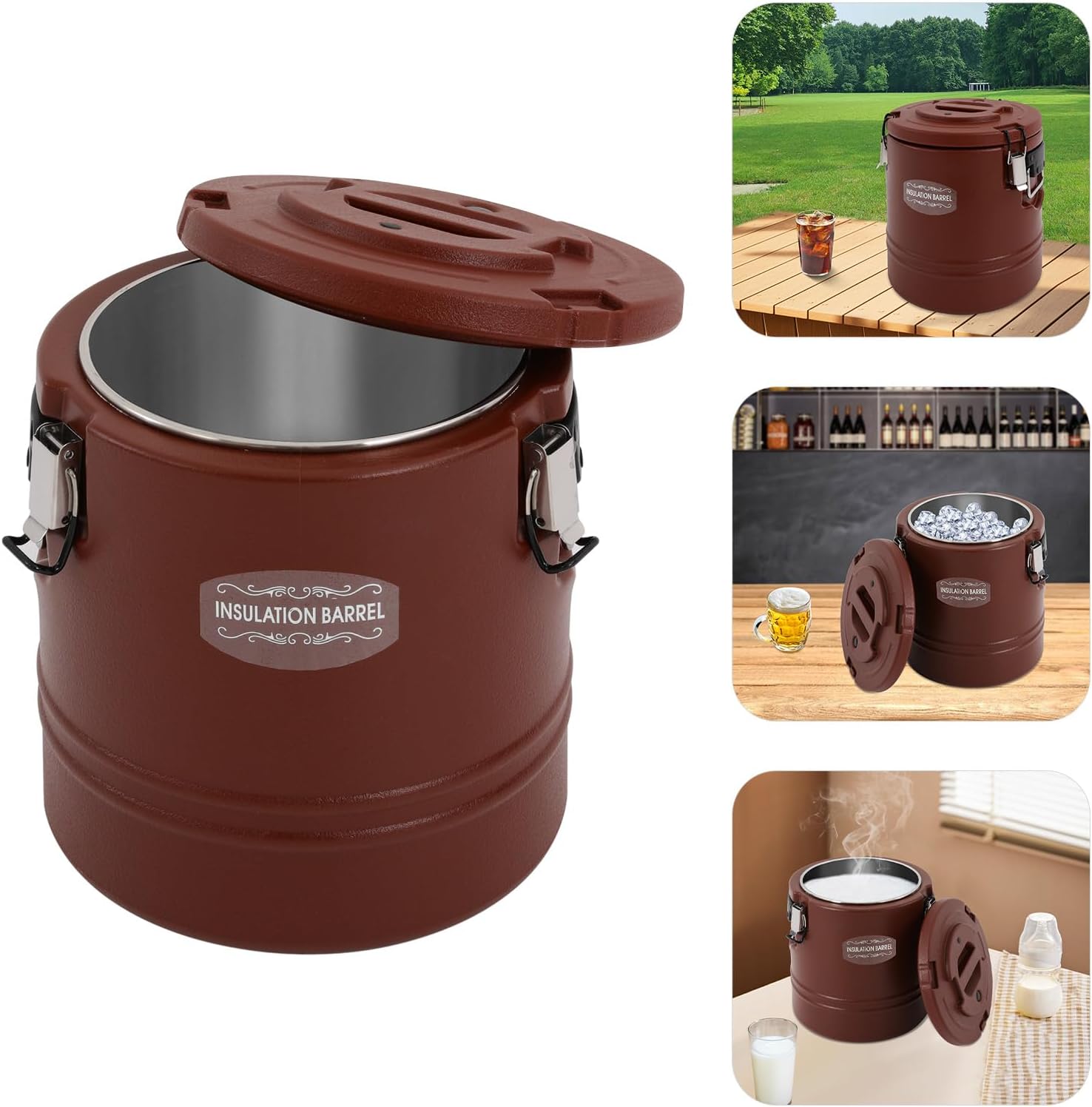 15L/15.85Qt Insulated Bucket, Commercial Soup Container with Lid Insulated Food Carrier for Hot and Cold Foods Stainless Steel Inner Barrel, for Catering Restaurant Canteen Party (Brown)