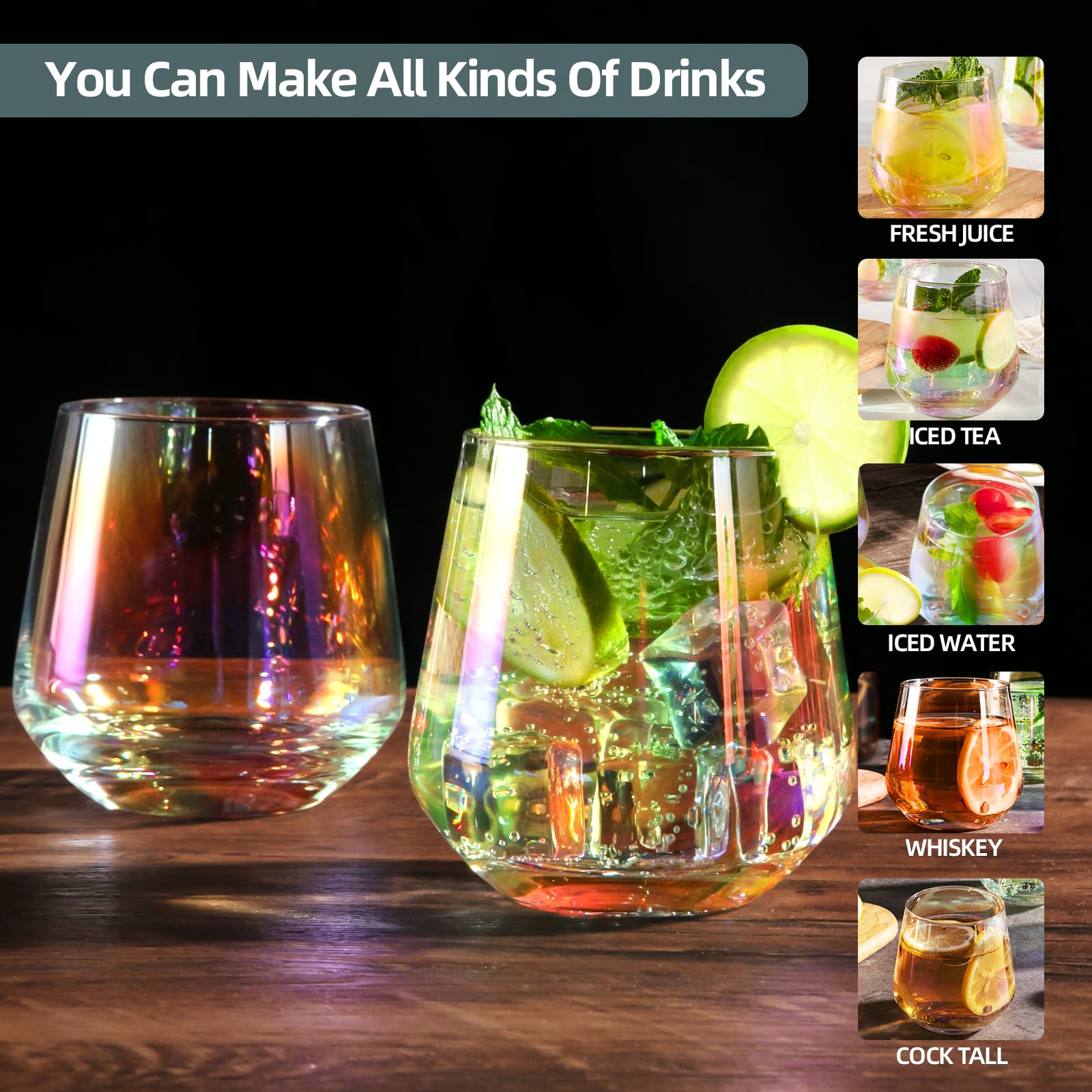Wassergläser 6er Set, 402.6 g kurze Trinkgläser, schillernde Gläser für den Alltag, Cocktail, Saft, Mojito, Eistee, Mixgetränke
