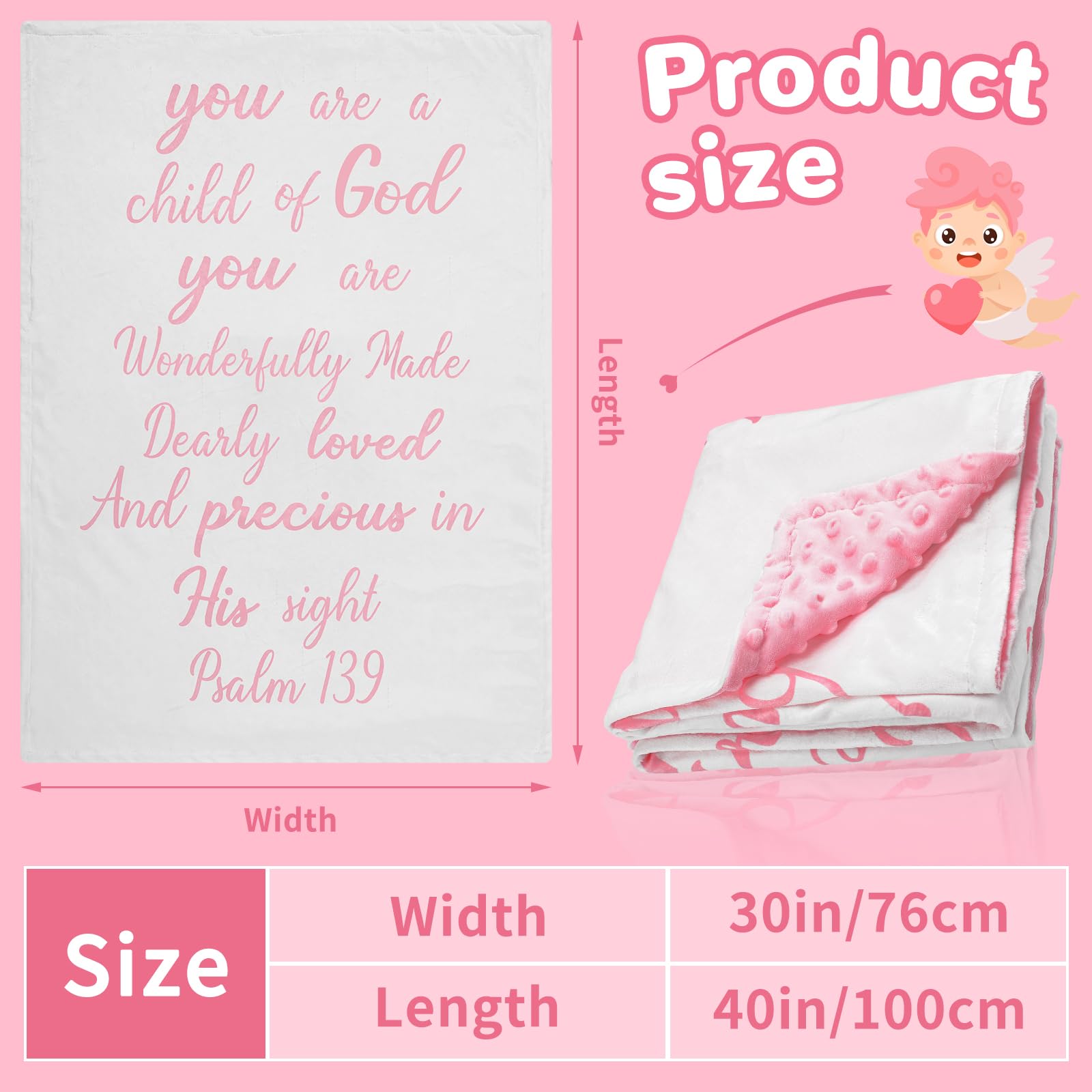 Rtteri Coperta in peluche per neonato, con retro punteggiato, per battesimo, con citazione della Scrittura, per neonato, ragazzo, ragazza, battesimo, figlioccio (rosa e bianco)