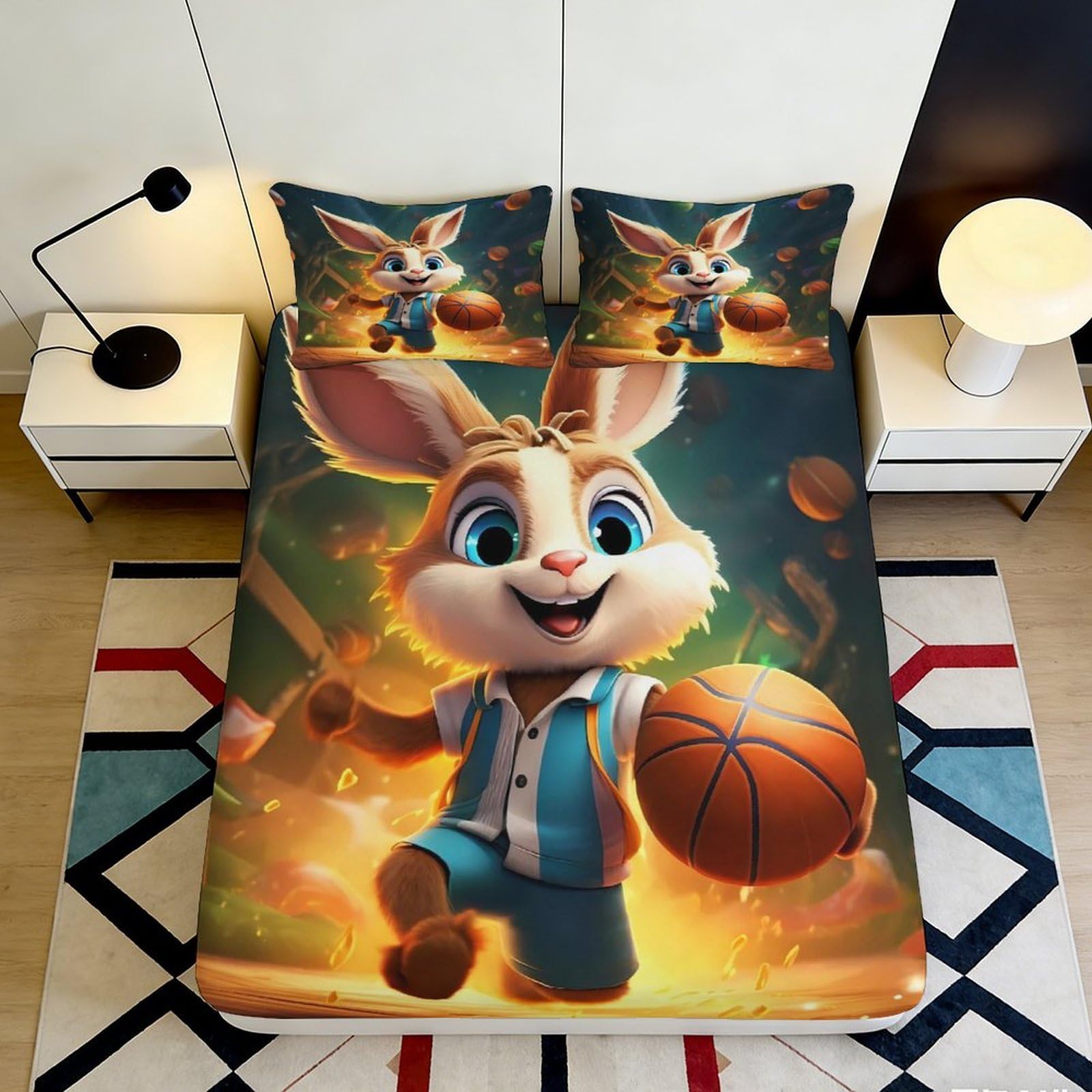 3D Printed Basketball Bunny Fitted Sheet Microfiber Deep Pocket Non-Slip Bedroom Bedding Rabbit Mattress Fitted Cover for Adults Teens 140x200x25cm
