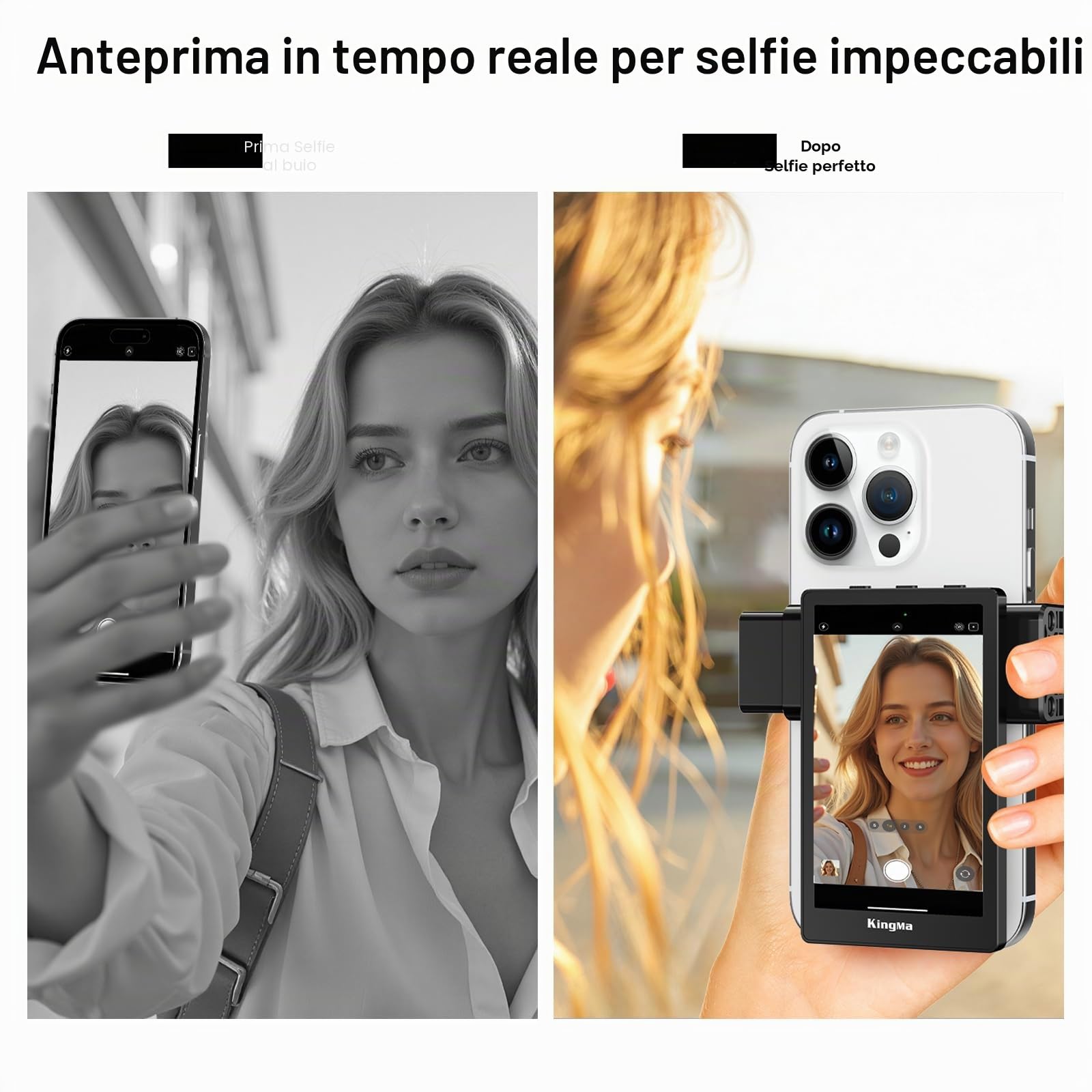 King Ma Schermo per selfie Vlog, monitor portatile per sincronizzazione iPhone, fotocamera posteriore con clip magnetica per telefono e telecomando Bluetooth per Vlog Live Stream TikTok, supporta la