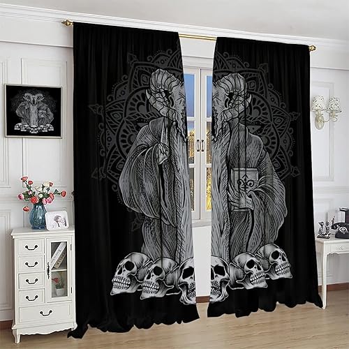 Vista 362 de Cortinas de cabeza de cabra, misteriosa cabeza de cabra malvada, calavera negra, bolsillo para barra, cortinas opacas para ventana, juego de 2