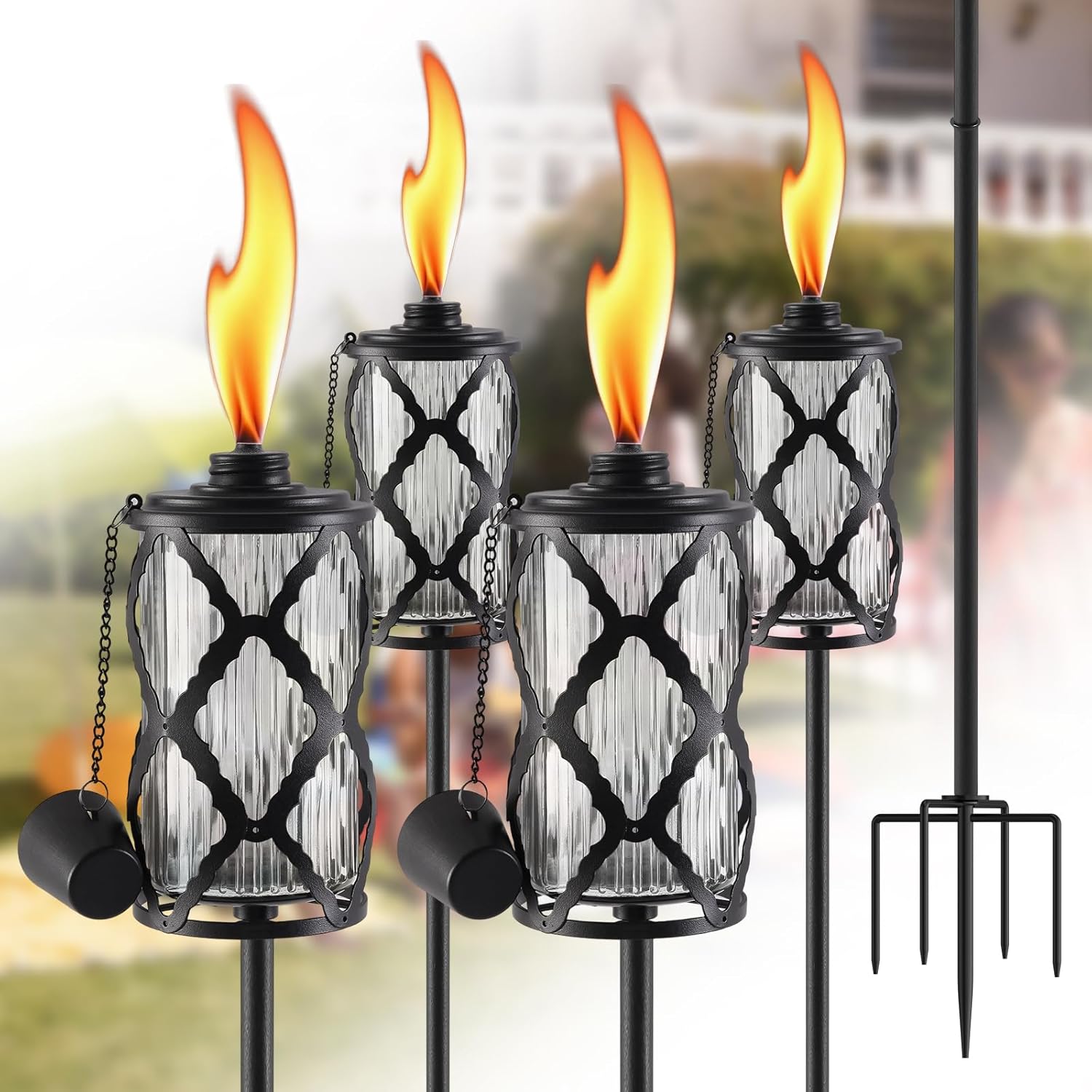 4 Pack Glass Citronella Torches for Outside, 16 Oz Outdoor Garden Torch with 5-Prong Grounded Stake, 60 Inch Patio Torch with Clear Glass Canisters, Outside Torches for Backyard, Patio