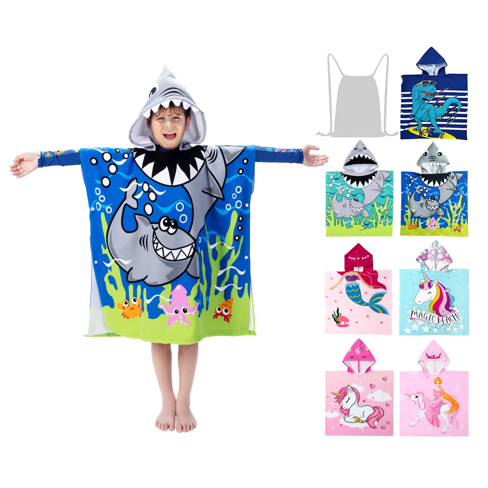 growell Hooded Kids Beach Towels - Toddler Bath Towel Girls Boys Swim Cover-ups for Ages 4 to 10 Kids Pool Towels Quick Dry Lightweight Soft Microfiber Poncho 30x30 with Bag (Navy Sharks)