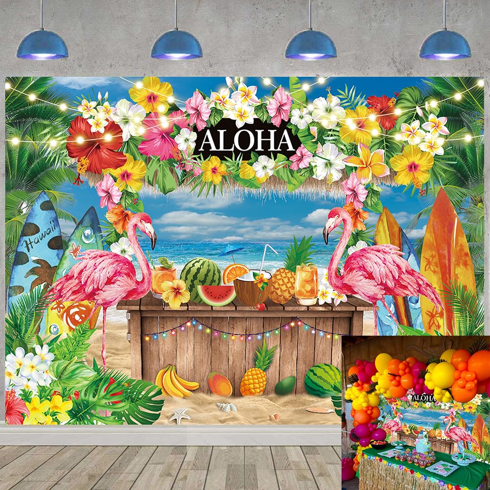 Hawaiian Aloha Luau Backdrop Summer Tropical Beach Flowers Palm Flamingo Surfboard Photography Background Adult Kids Baby Shower Birthday Party