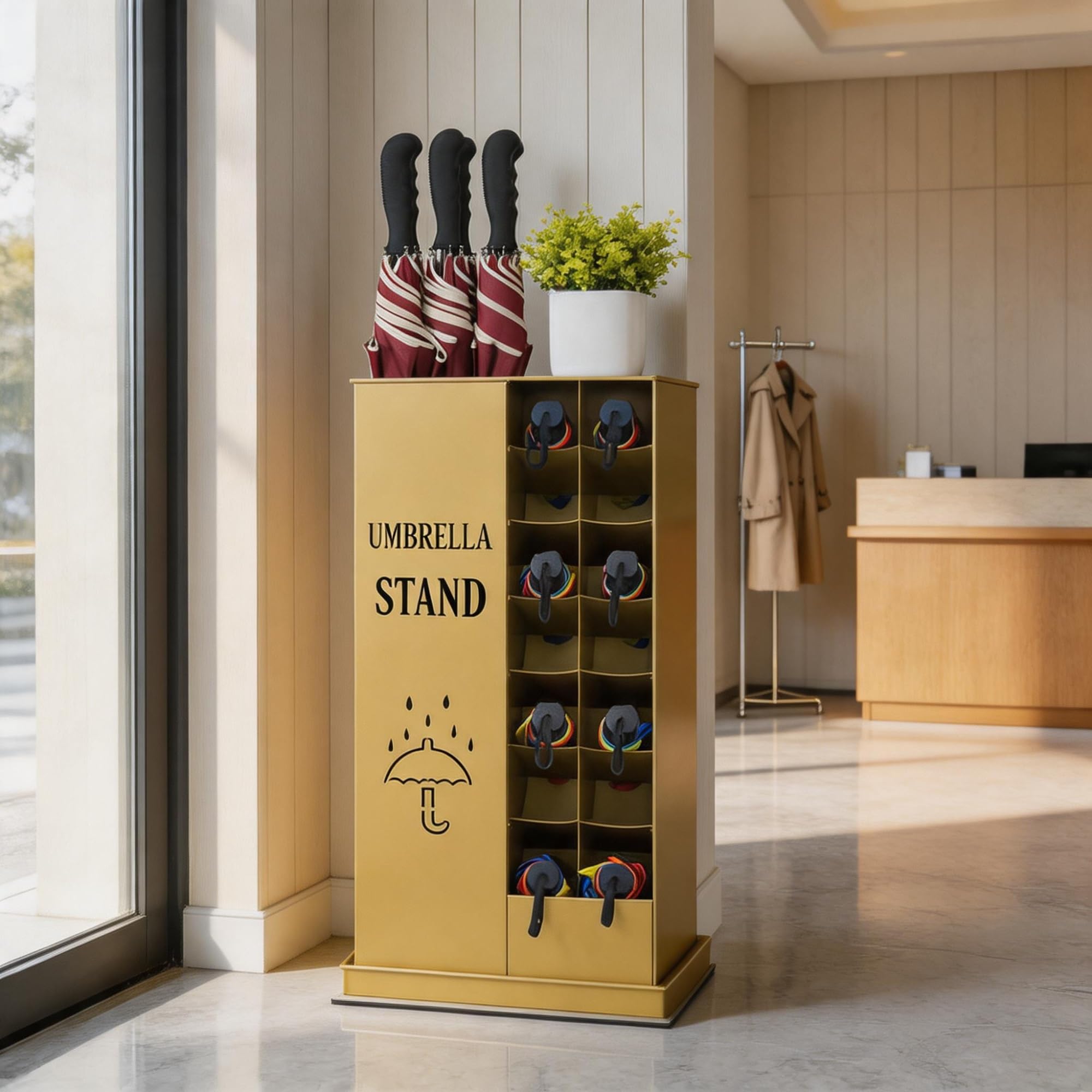 Porte parapluie métallique doré de 70cm pour cannes et entrée