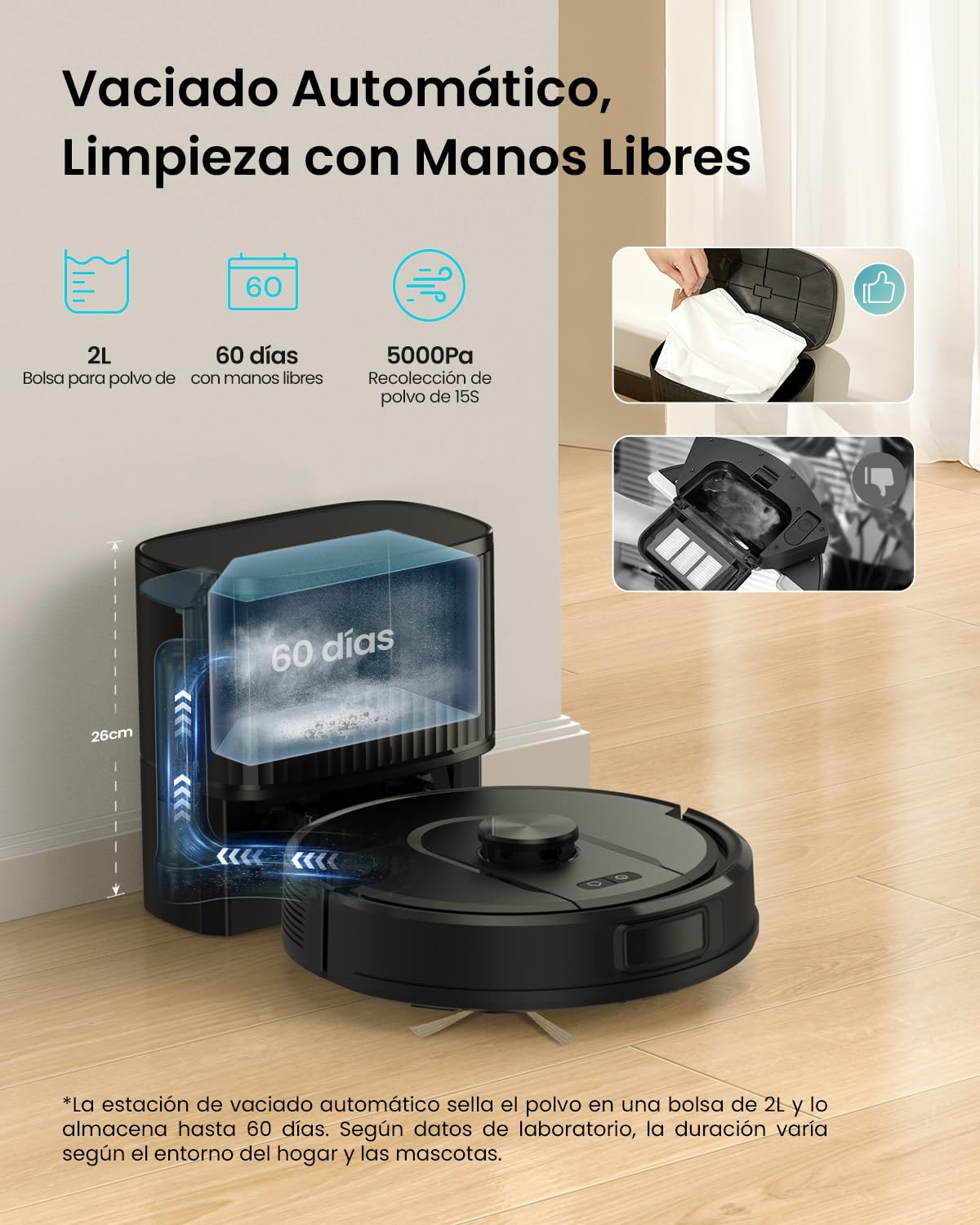 Vexilar W11 Robot Aspirador y Fregasuelos con Potente Succión 6000Pa, Robot Aspirador con Sistema de Navegación Láser Inteligente, Mapeo Inteligente, Base Autovaciado, Negro
