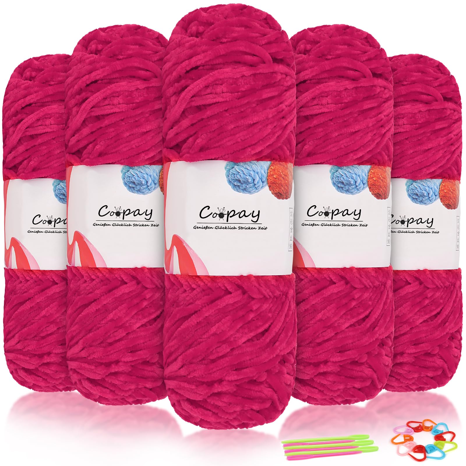Coopay Samt Chenille Wolle, 500g (5x100g) Velvet Chenillegarn Wolle zum Häkeln, Flauschige Weicher Babywolle für Kinder, Samtig Chenillewolle mit Häkelzubehör für Puppen, Schals