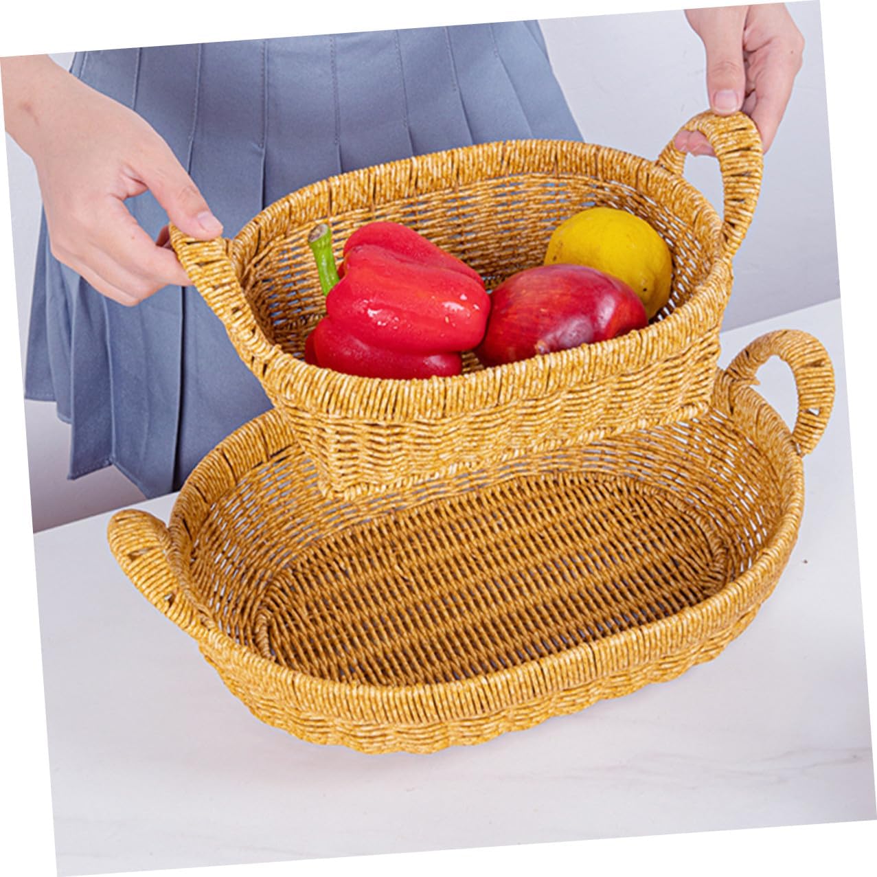 Handwoven Large Oval Bread and Fruit Basket with Double Handles, Deep Light Coffee Simulated Rattan Snack Serving Tray for Home Kitchen and Outdoor Picnic Storage